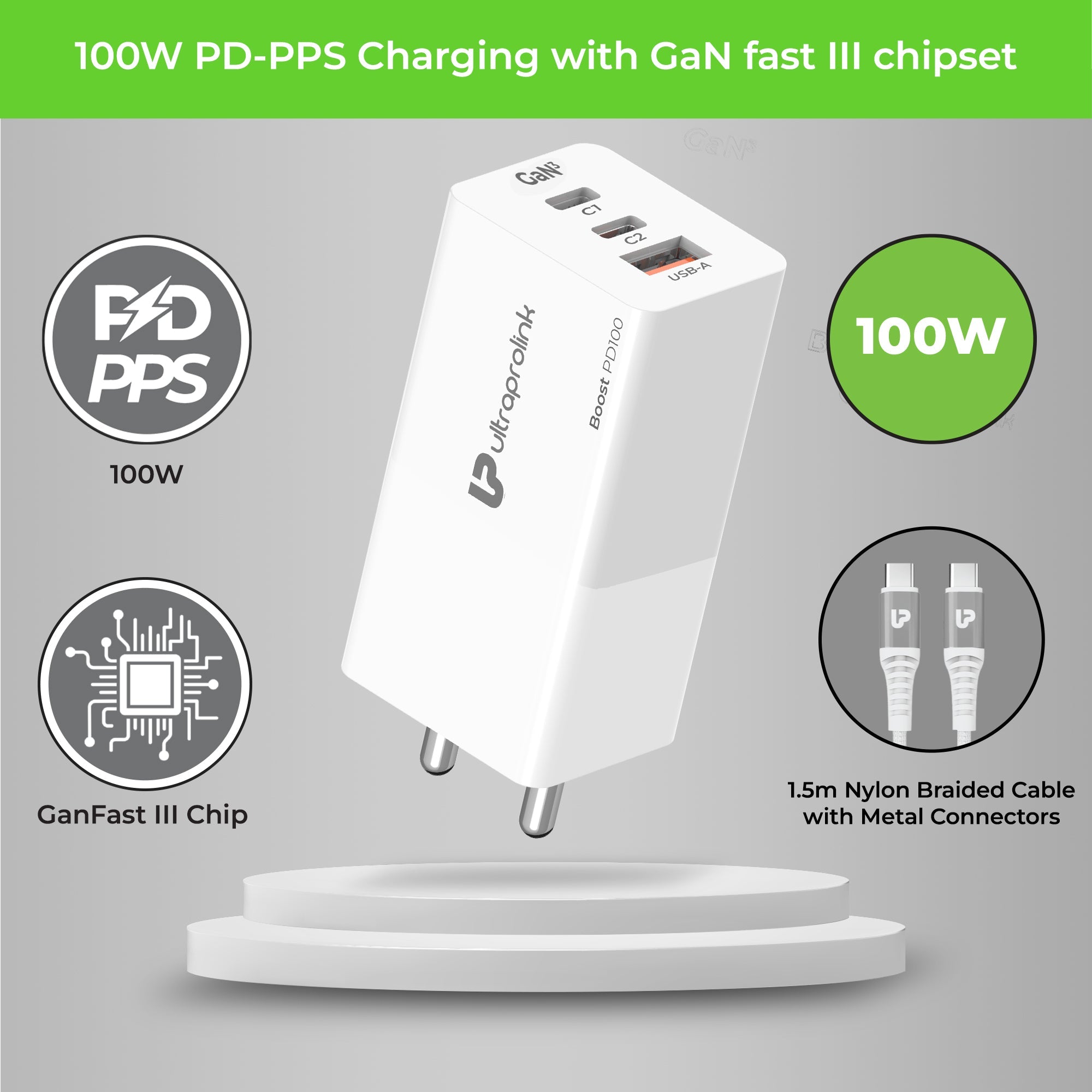 Boost PD 100 3 USB Ports 100W GaN Travel Charger UM1184C