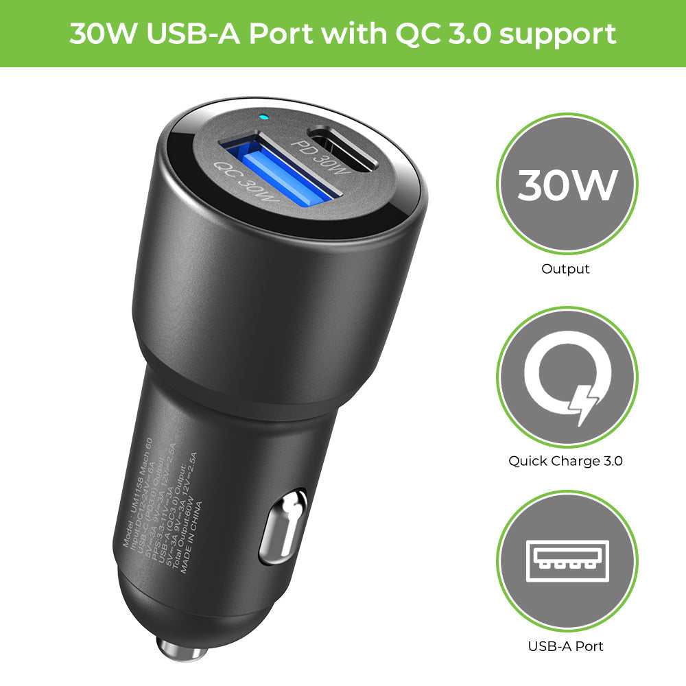 Mach 60 PD/QC3.0/PPS Car Charger with C2C Cable (60W) UM1158