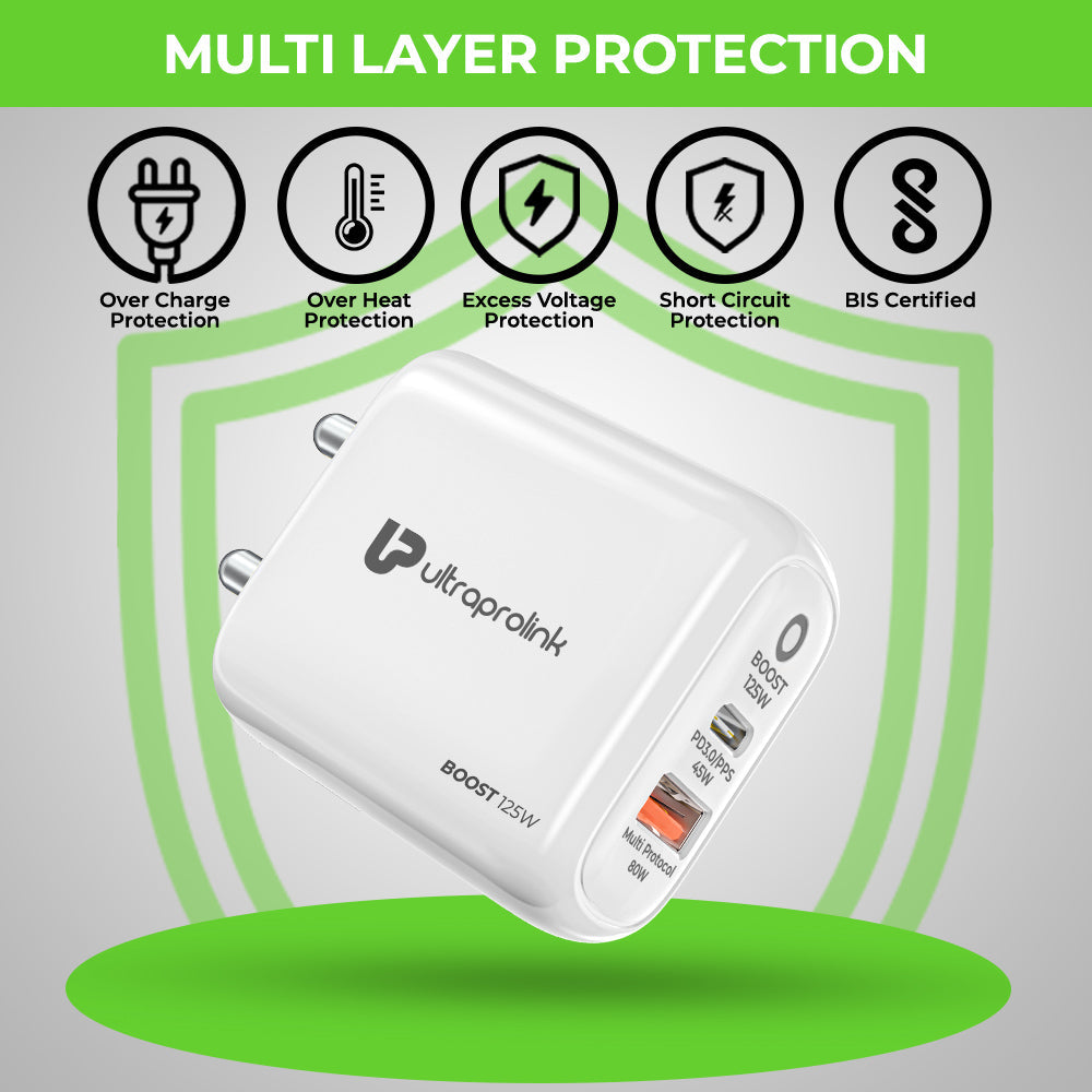 Boost 125W Dual USB Multi-Protocol Fast Travel Charger with 1m C-C Cable UM1134C