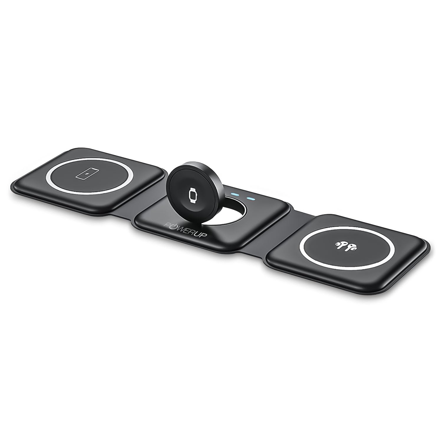 POWERUP 3in1 High-Speed Dual Coil Wireless Charger Compatible with iPhone 15/14/ 13/12 Series | All Apple Watch & Air-Pods | 23W Magnetic Portable Charger with Mag-Safe - Black