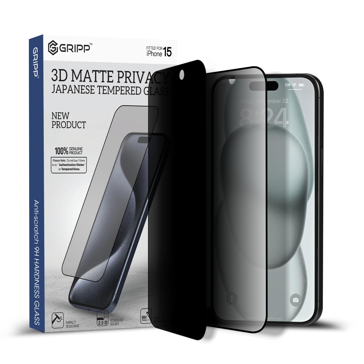 GRIPP Matte Privacy Tempered Glass Screen Protector for iPhone 15 Plus (6.7") with Anti Scratch & Anti Oil with 9h Hardness Edge to Edge Full Screen Protection Guard
