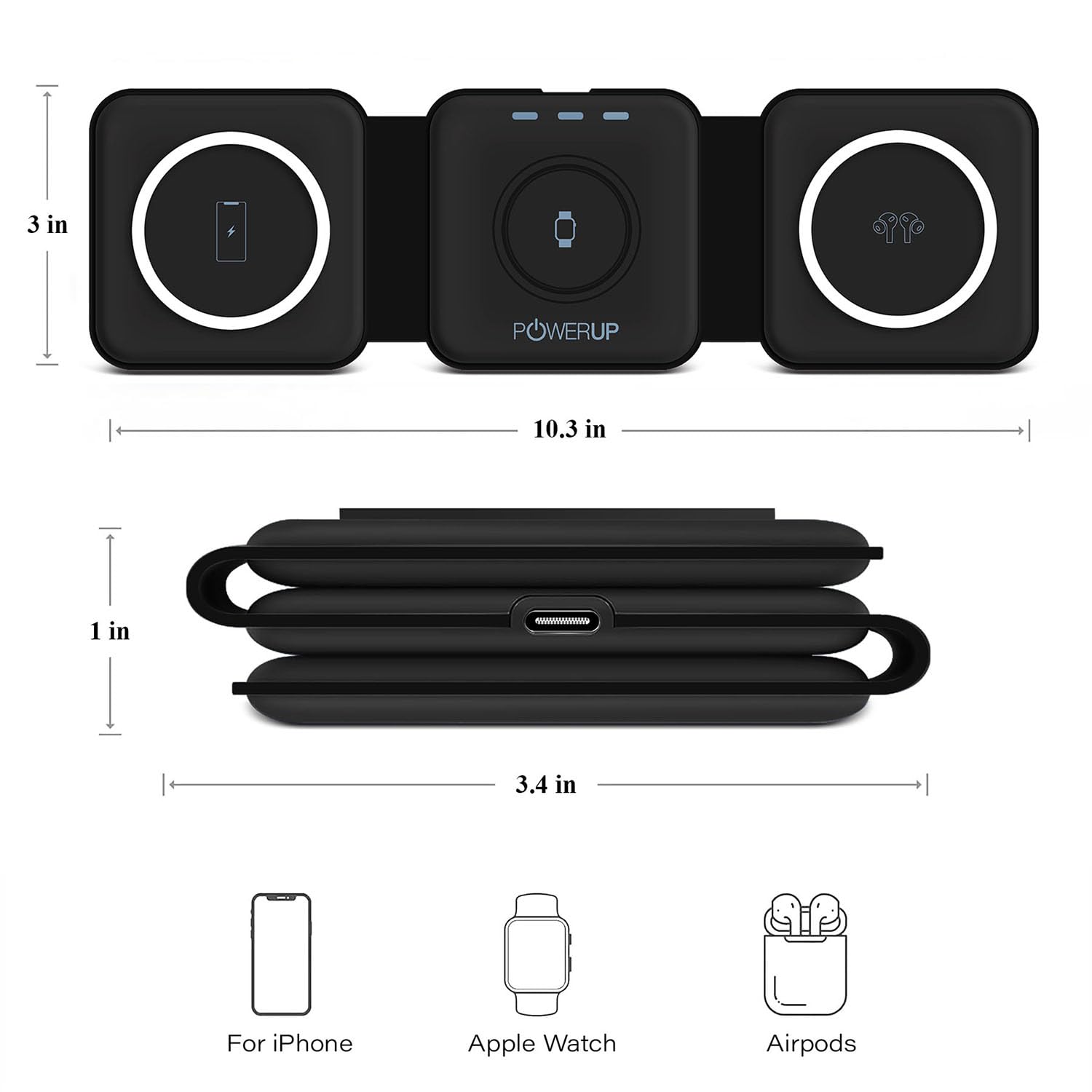 POWERUP 3in1 High-Speed Dual Coil Wireless Charger Compatible with iPhone 15/14/ 13/12 Series | All Apple Watch & Air-Pods | 23W Magnetic Portable Charger with Mag-Safe - Black