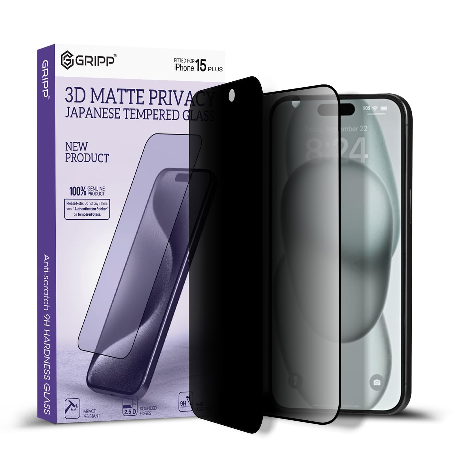 GRIPP Matte Privacy Tempered Glass Screen Protector for iPhone 15 Plus (6.7") with Anti Scratch & Anti Oil with 9h Hardness Edge to Edge Full Screen Protection Guard