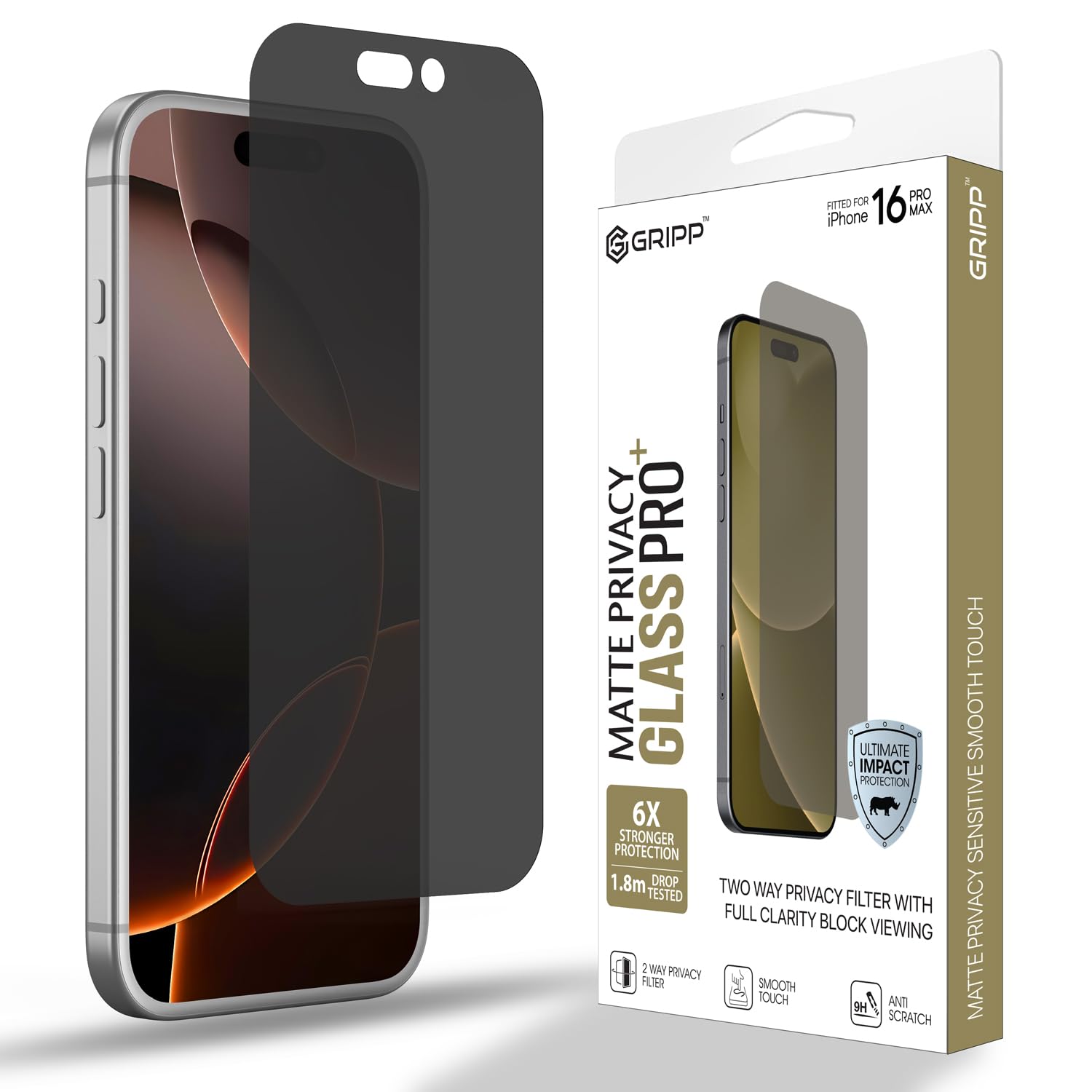 GRIPP Matte Privacy Tempered Glass Screen Protector for iPhone 16 Pro (6.3") Anti Scratch & Anti Spy Glass with 9h Protection, Edge to Edge Full Coverage Screen Guard (Easy Installation) - Black