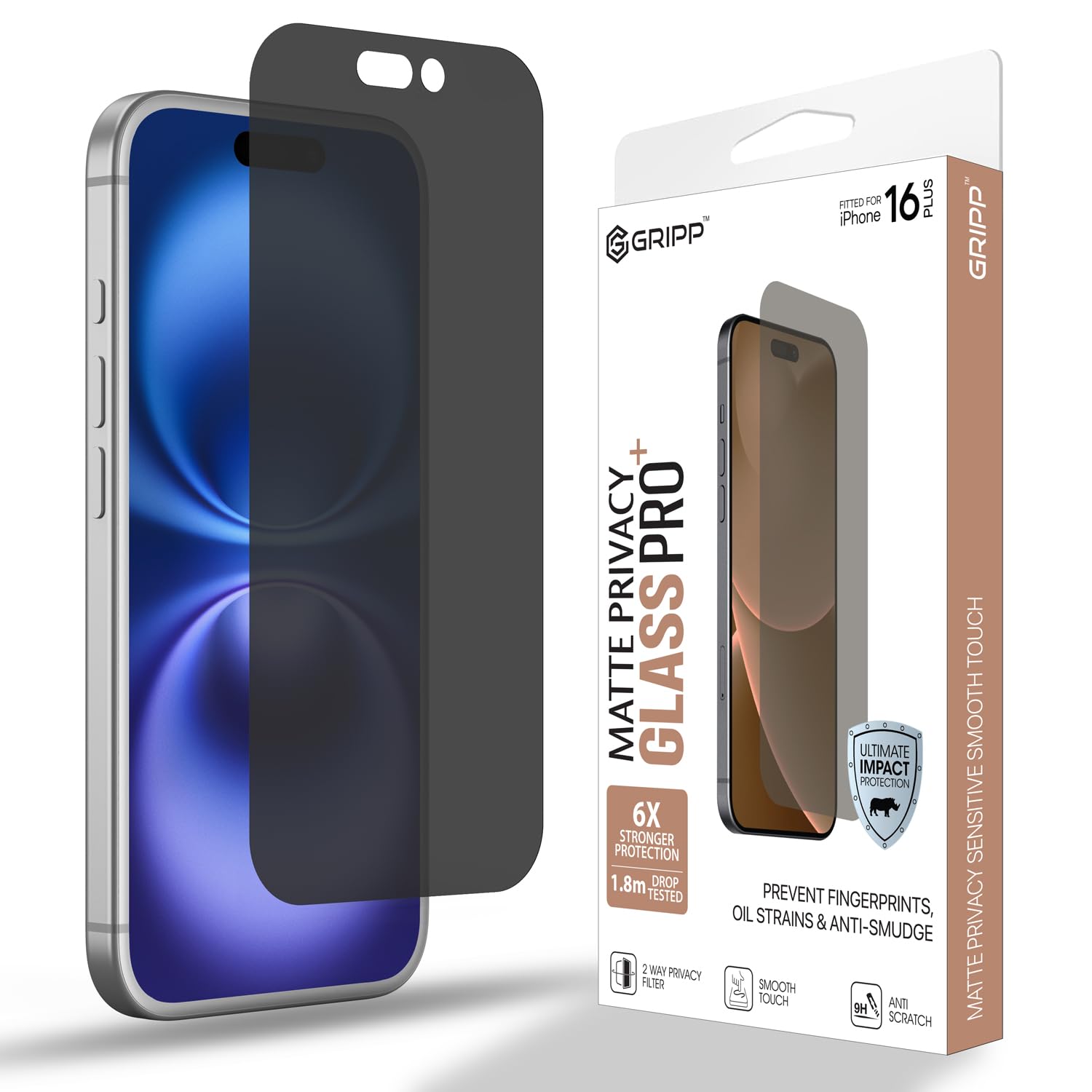 GRIPP Matte Privacy Tempered Glass Screen Protector for iPhone 16 Pro (6.3") Anti Scratch & Anti Spy Glass with 9h Protection, Edge to Edge Full Coverage Screen Guard (Easy Installation) - Black