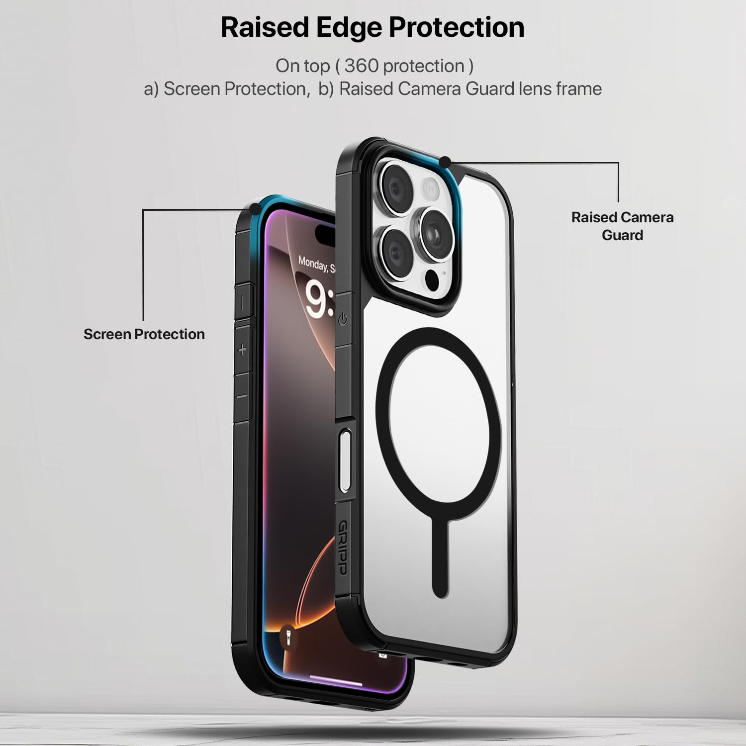 GRIPP Defender Mag-Safe Case for iPhone 16 Pro Max (6.9") 2024 | 8ft Drop-Tested with D30 Technology, Raised Edges, Shockproof Bumper, Crystal Clear PC Back, Dual Layer Protection Back Cover - Black