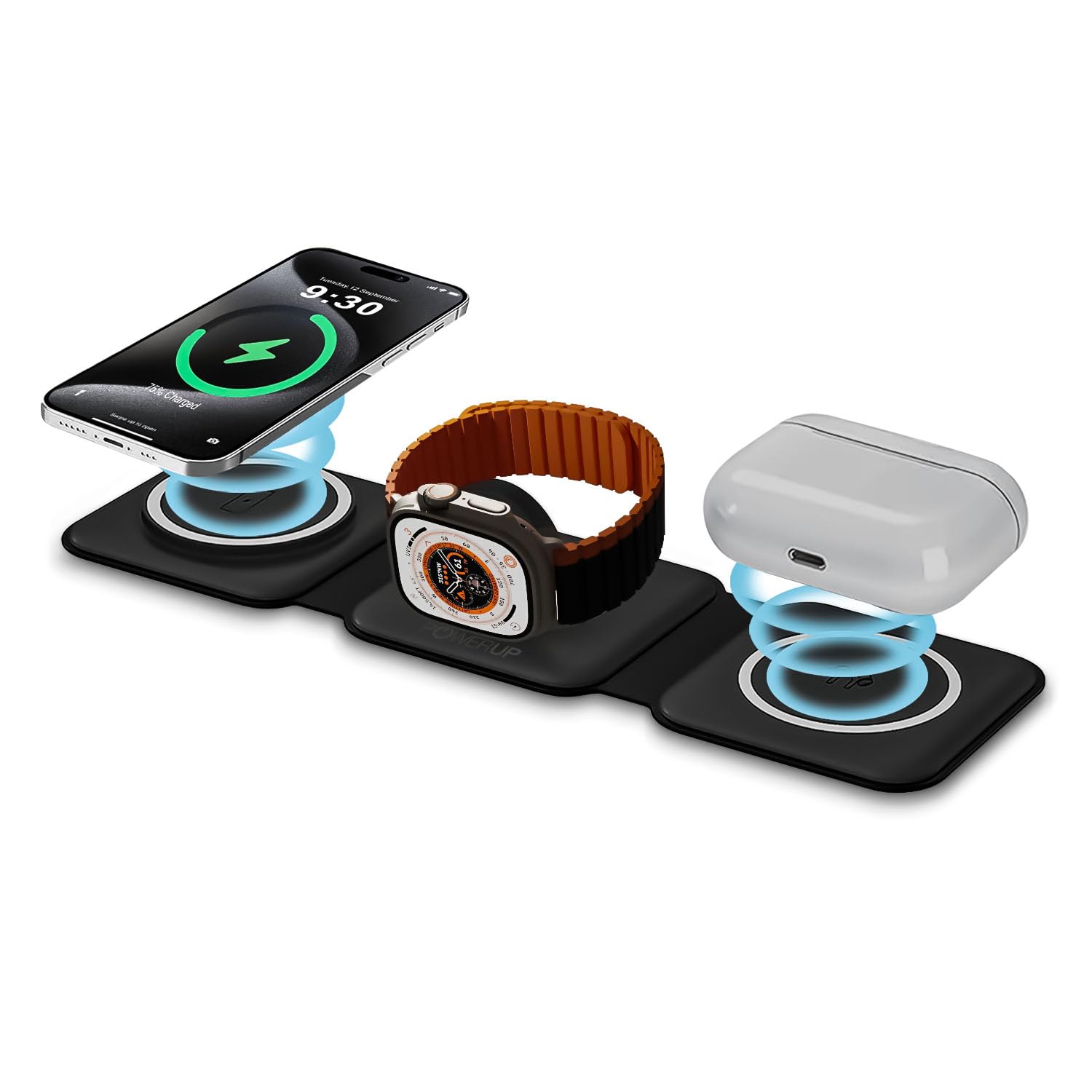POWERUP 3in1 High-Speed Dual Coil Wireless Charger Compatible with iPhone 15/14/ 13/12 Series | All Apple Watch & Air-Pods | 23W Magnetic Portable Charger with Mag-Safe - Black