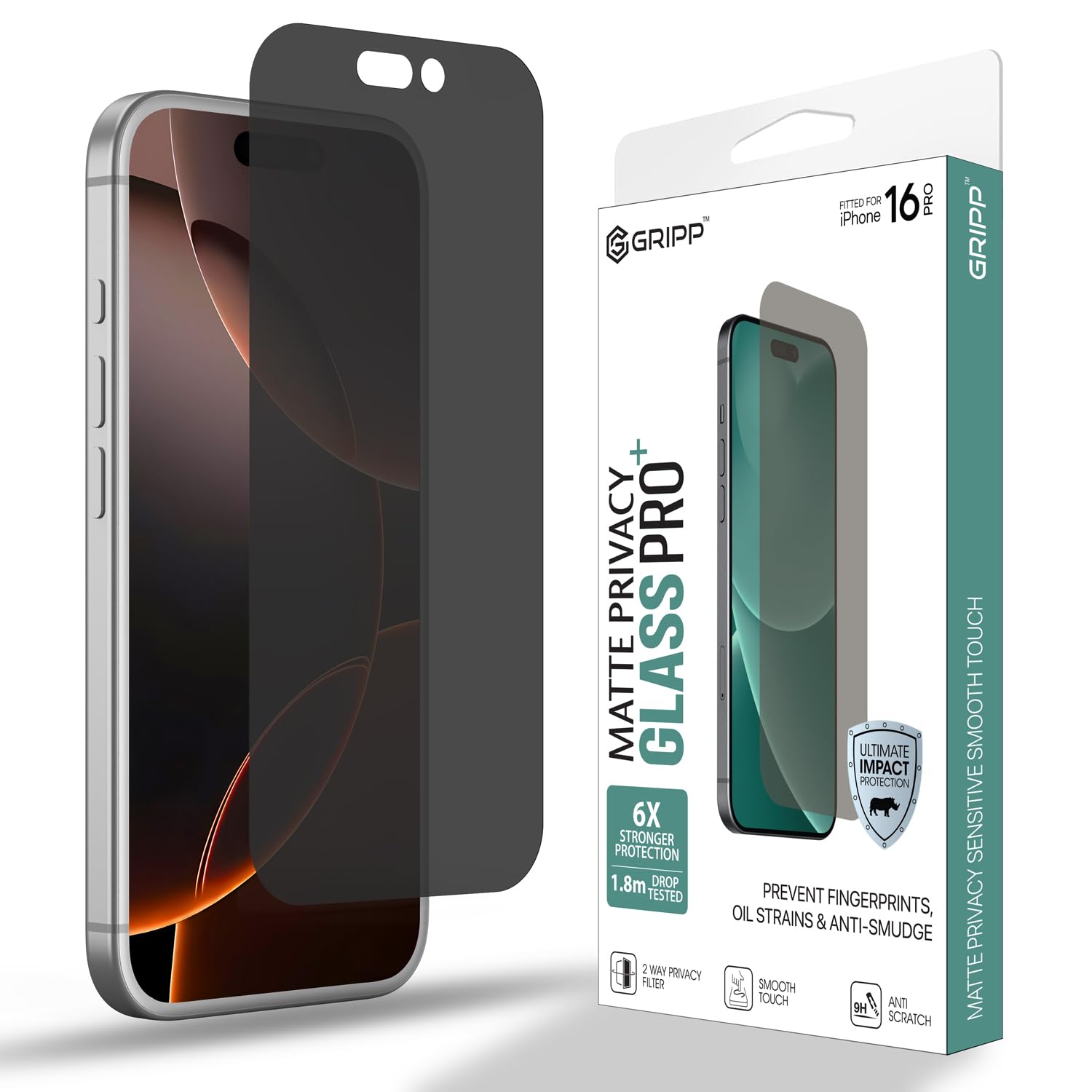 GRIPP Matte Privacy Tempered Glass Screen Protector for iPhone 16 Pro (6.3") Anti Scratch & Anti Spy Glass with 9h Protection, Edge to Edge Full Coverage Screen Guard (Easy Installation) - Black