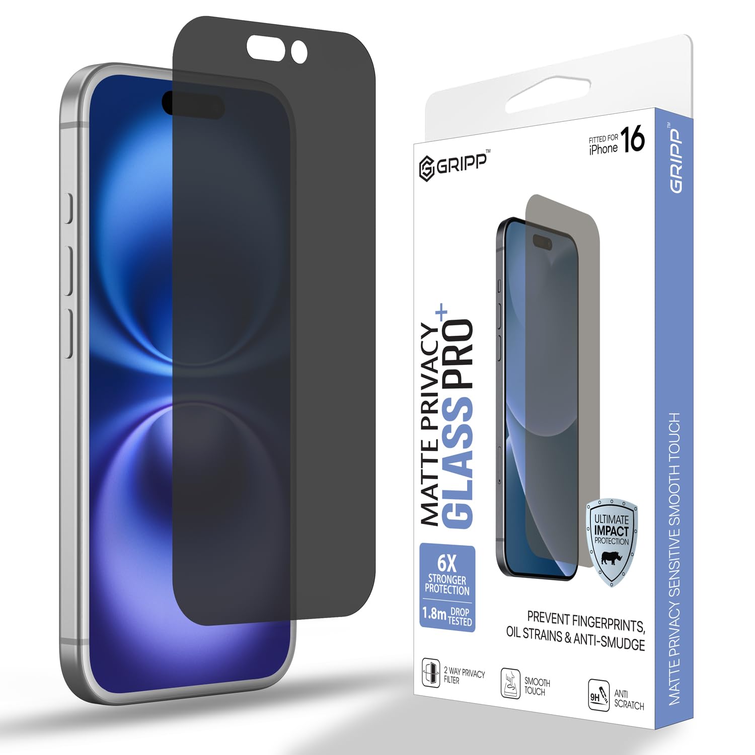 GRIPP Matte Privacy Tempered Glass Screen Protector for iPhone 16 Pro (6.3") Anti Scratch & Anti Spy Glass with 9h Protection, Edge to Edge Full Coverage Screen Guard (Easy Installation) - Black
