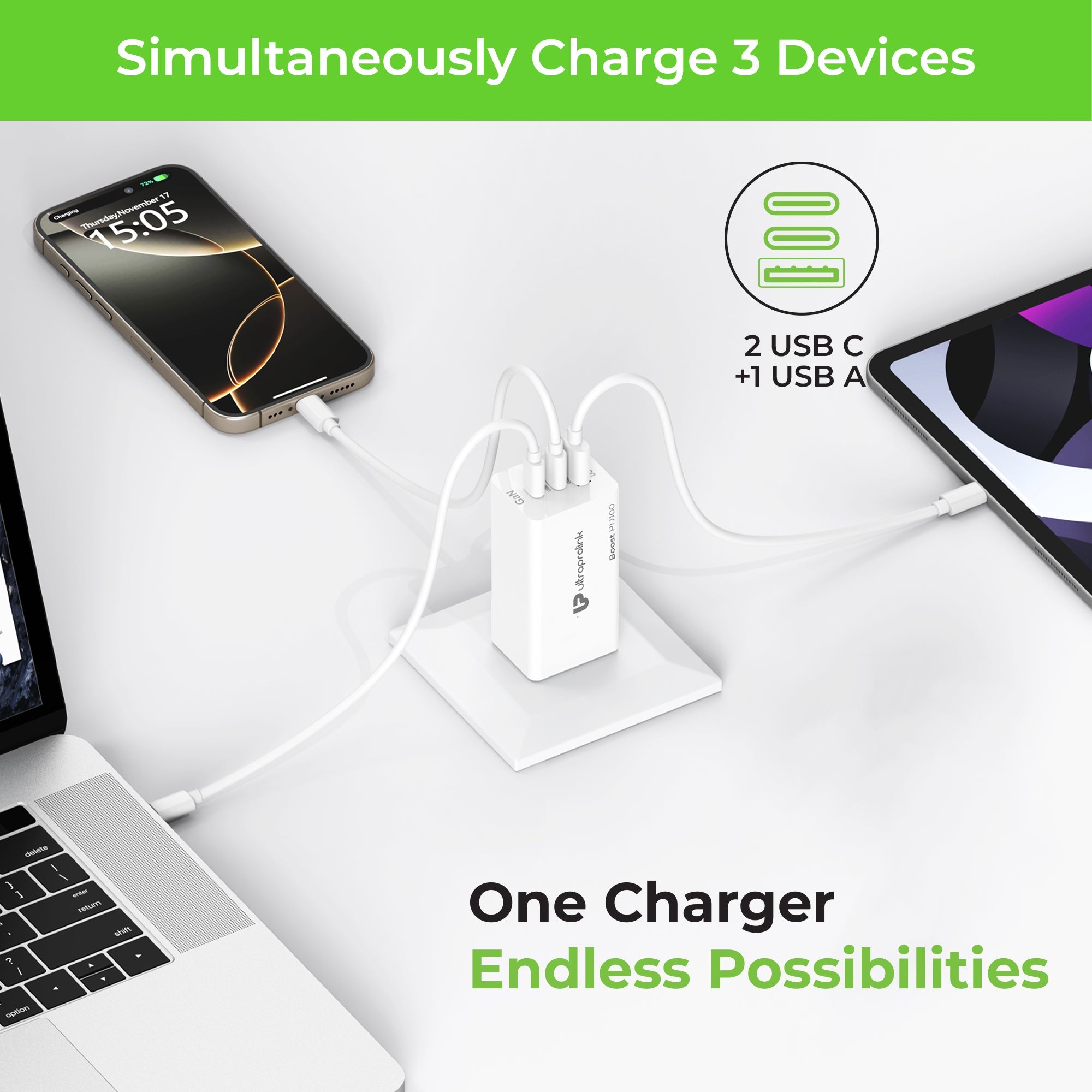 Boost PD 100 3 USB Ports 100W GaN Travel Charger UM1184C