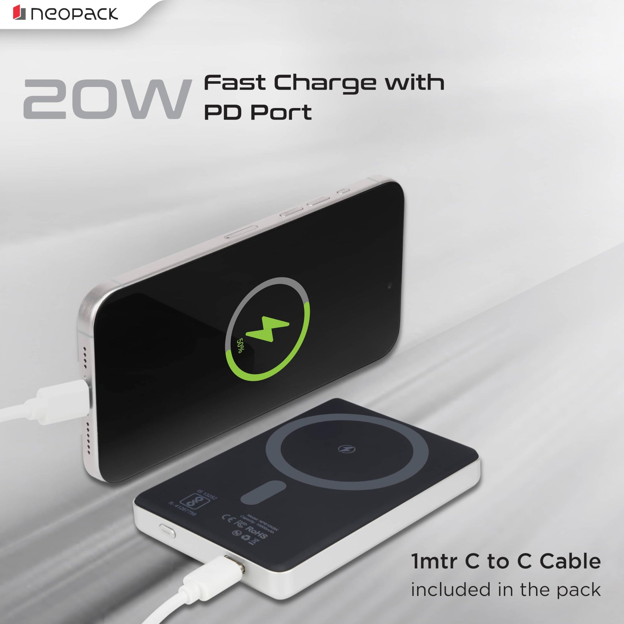Neopack Velocity 10000 mAh Magnetic Power Bank with MagSafe Compatible Wireless Charging @ 15W & Type C @ 20W (Silver)