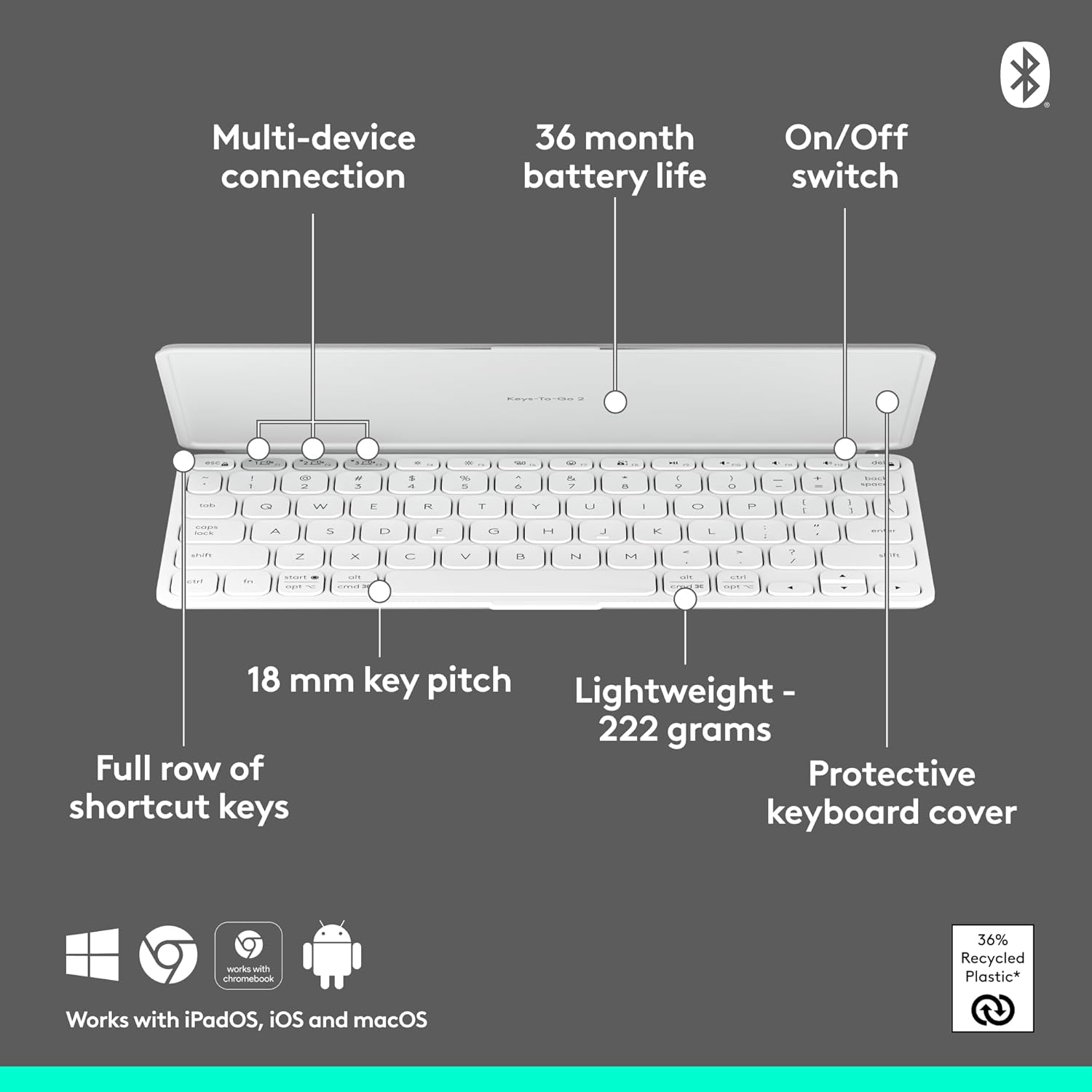 Logitech Keys-to-Go 2 Portable Bluetooth Keyboard for Tablet with Built-in Cover, Slim and Compact Wireless Keyboard for Windows, Android, Linux, iPad, iPhone, Mac, Apple TV - Graphite