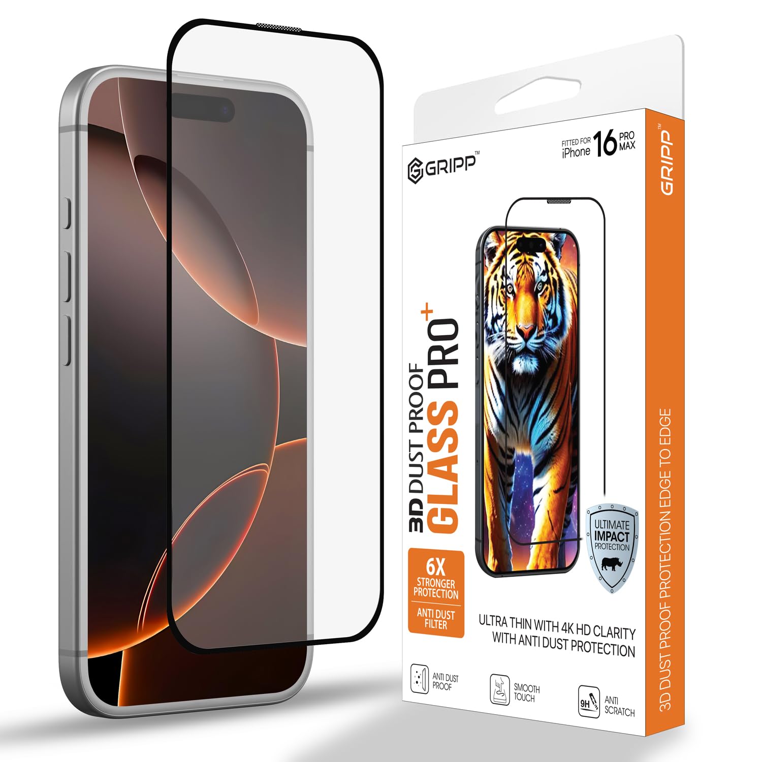 GRIPP Dust Proof 3D Tempered Glass Screen Protector for iPhone 16 Pro Max (6.9") Edge to Edge Full Coverage with Anti Dust & 9h Protection, Anti Scratch Shockproof Crystal Clear Screen Guard - Black