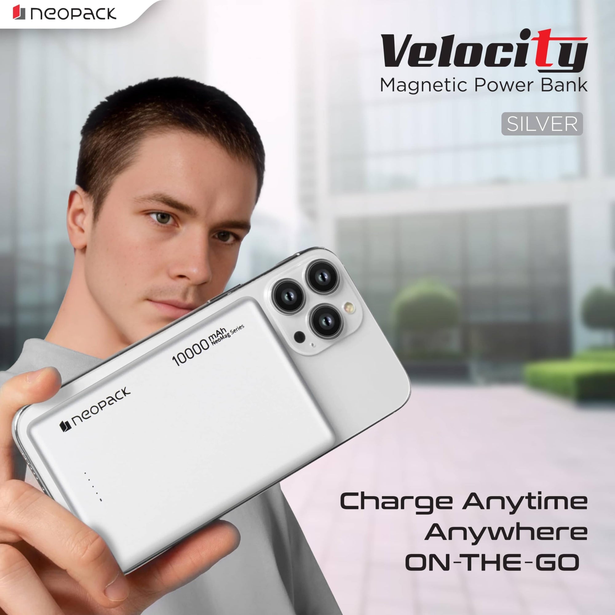 Neopack Velocity 10000 mAh Magnetic Power Bank with MagSafe Compatible Wireless Charging @ 15W & Type C @ 20W (Silver)
