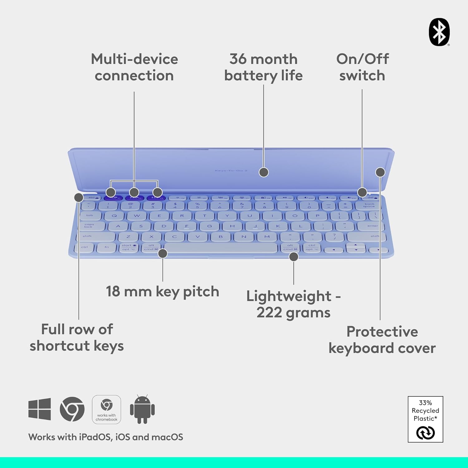 Logitech Keys-to-Go 2 Portable Bluetooth Keyboard for Tablet with Built-in Cover, Slim and Compact Wireless Keyboard for Windows, Android, Linux, iPad, iPhone, Mac, Apple TV - Graphite