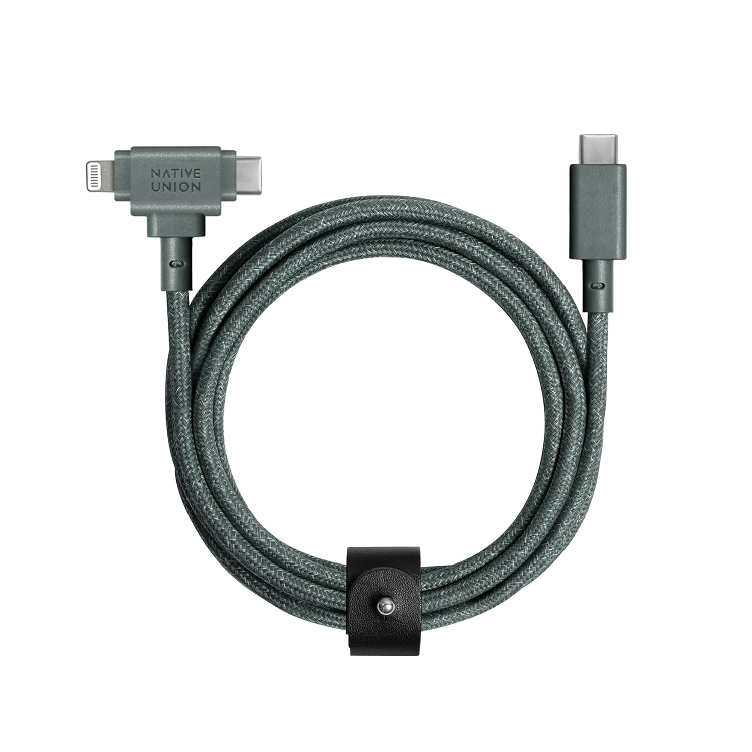 Native Union BELT CABLE DUO C TO C/L 1.5M SLATE GREEN - USB-C & Lightning Connector, 60W PD, Fast Charging, Eco-Friendly, Tangle-Free, MFi Certified