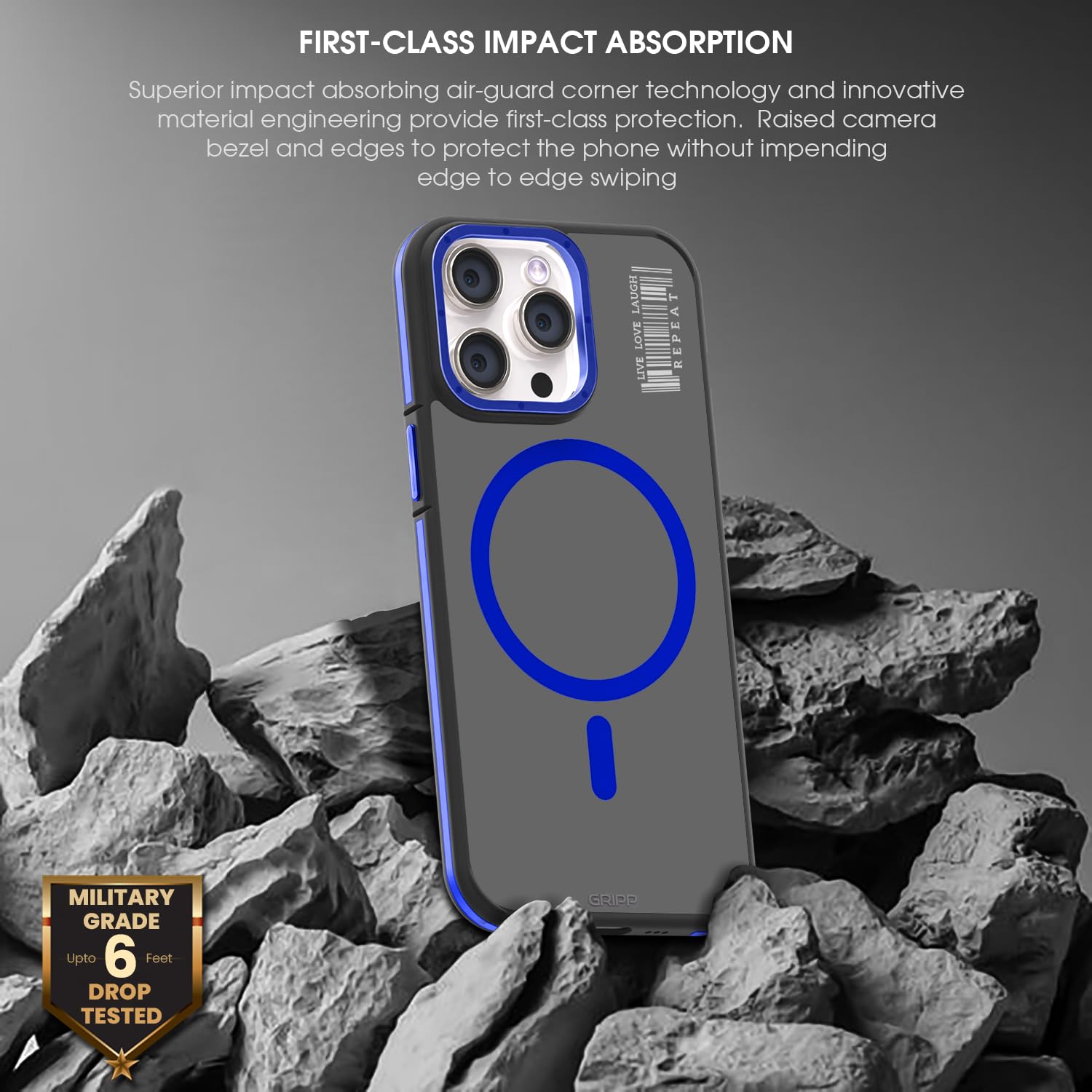 GRIPP Raigor with Mag-Safe Case Compatible with iPhone 15 Pro Max (6.7") with Metallic Camera Ring Alloy | Dual Material Ultra Hard PC & Soft TPU Bumper Translucent Matte Back Cover - Blue