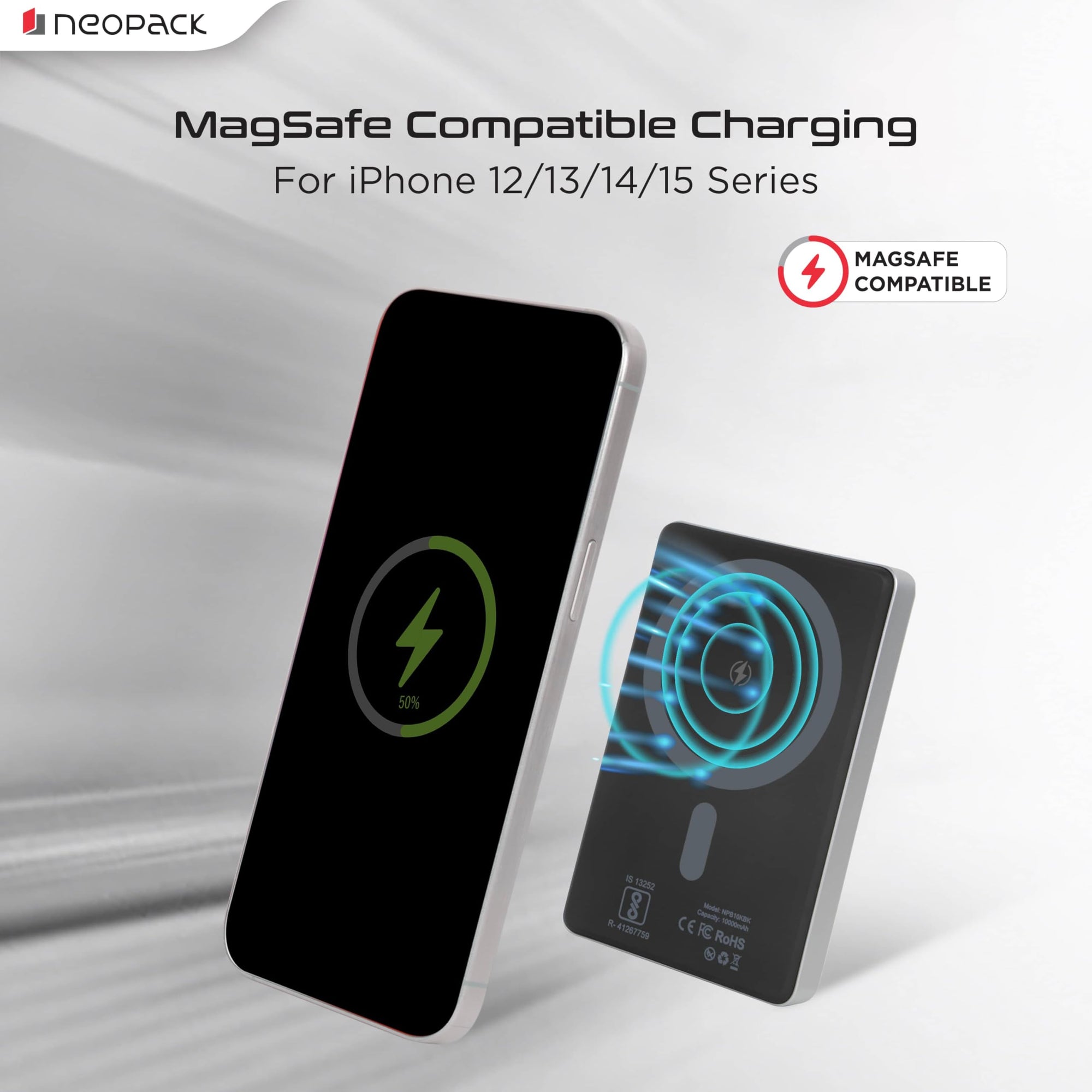 Neopack Velocity 10000 mAh Magnetic Power Bank with MagSafe Compatible Wireless Charging @ 15W & Type C @ 20W (Silver)