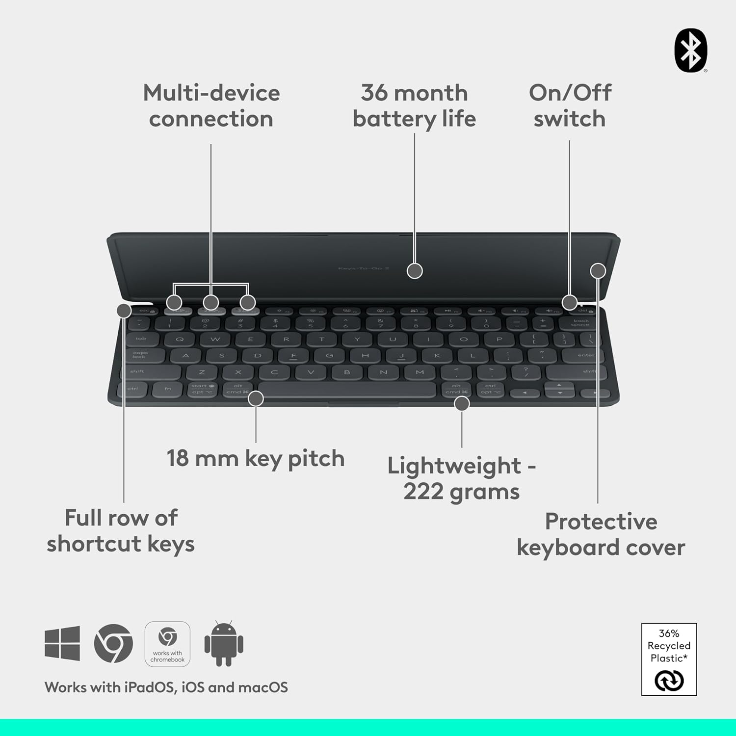 Logitech Keys-to-Go 2 Portable Bluetooth Keyboard for Tablet with Built-in Cover, Slim and Compact Wireless Keyboard for Windows, Android, Linux, iPad, iPhone, Mac, Apple TV - Graphite