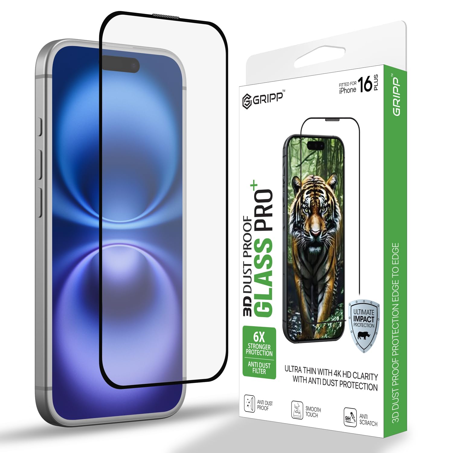 GRIPP Dust Proof 3D Tempered Glass Screen Protector for iPhone 16 Pro Max (6.9") Edge to Edge Full Coverage with Anti Dust & 9h Protection, Anti Scratch Shockproof Crystal Clear Screen Guard - Black