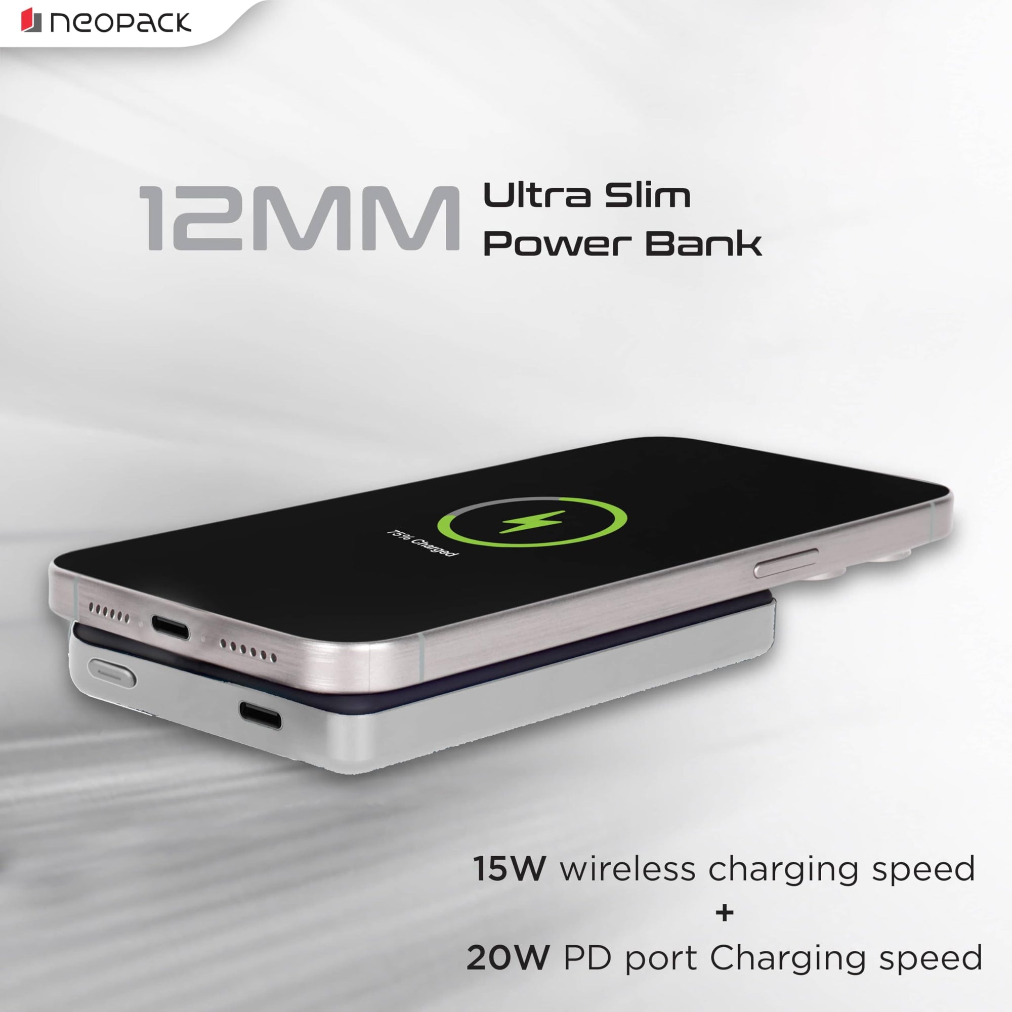 Neopack Velocity 10000 mAh Magnetic Power Bank with MagSafe Compatible Wireless Charging @ 15W & Type C @ 20W (Silver)