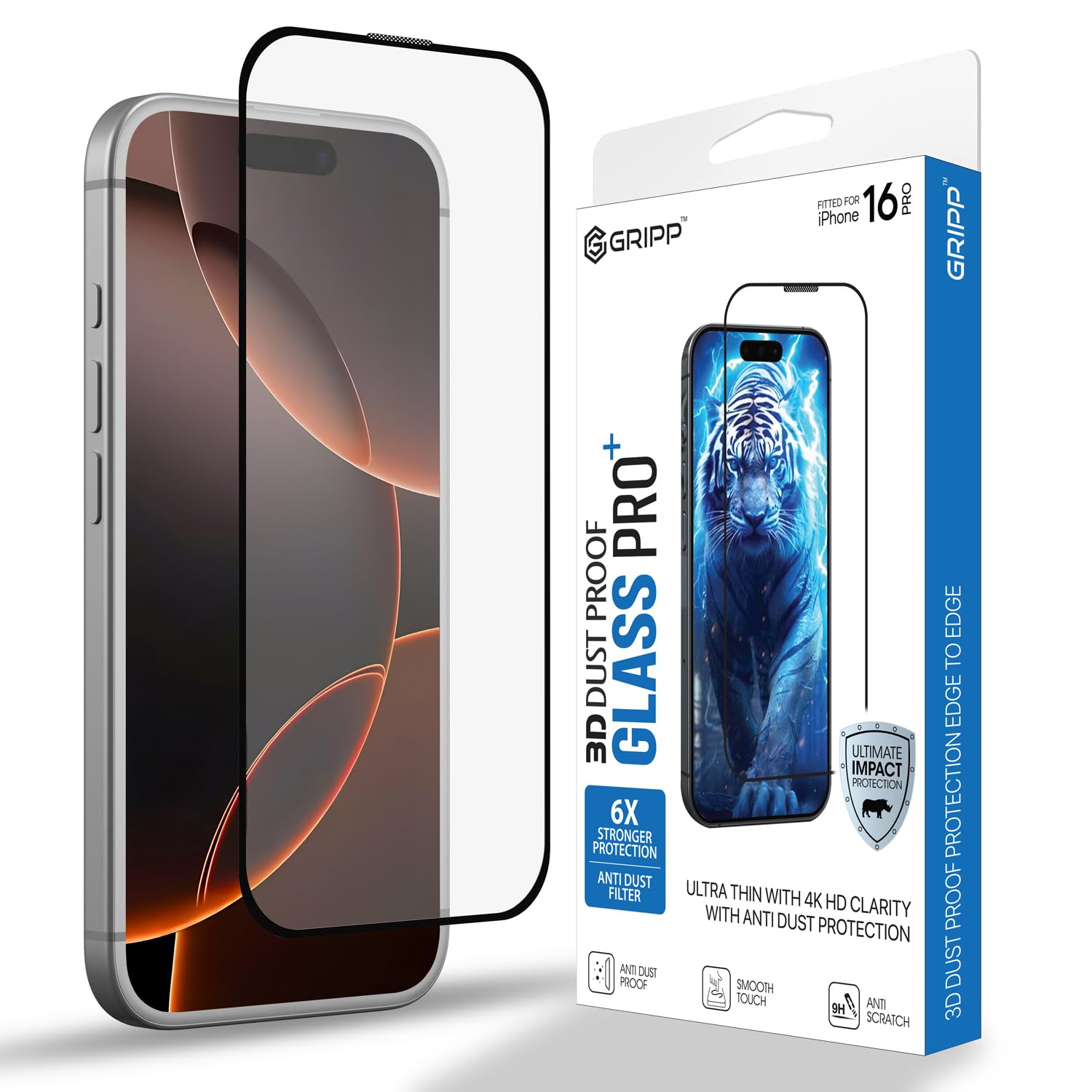 GRIPP Dust Proof 3D Tempered Glass Screen Protector for iPhone 16 Pro Max (6.9") Edge to Edge Full Coverage with Anti Dust & 9h Protection, Anti Scratch Shockproof Crystal Clear Screen Guard - Black