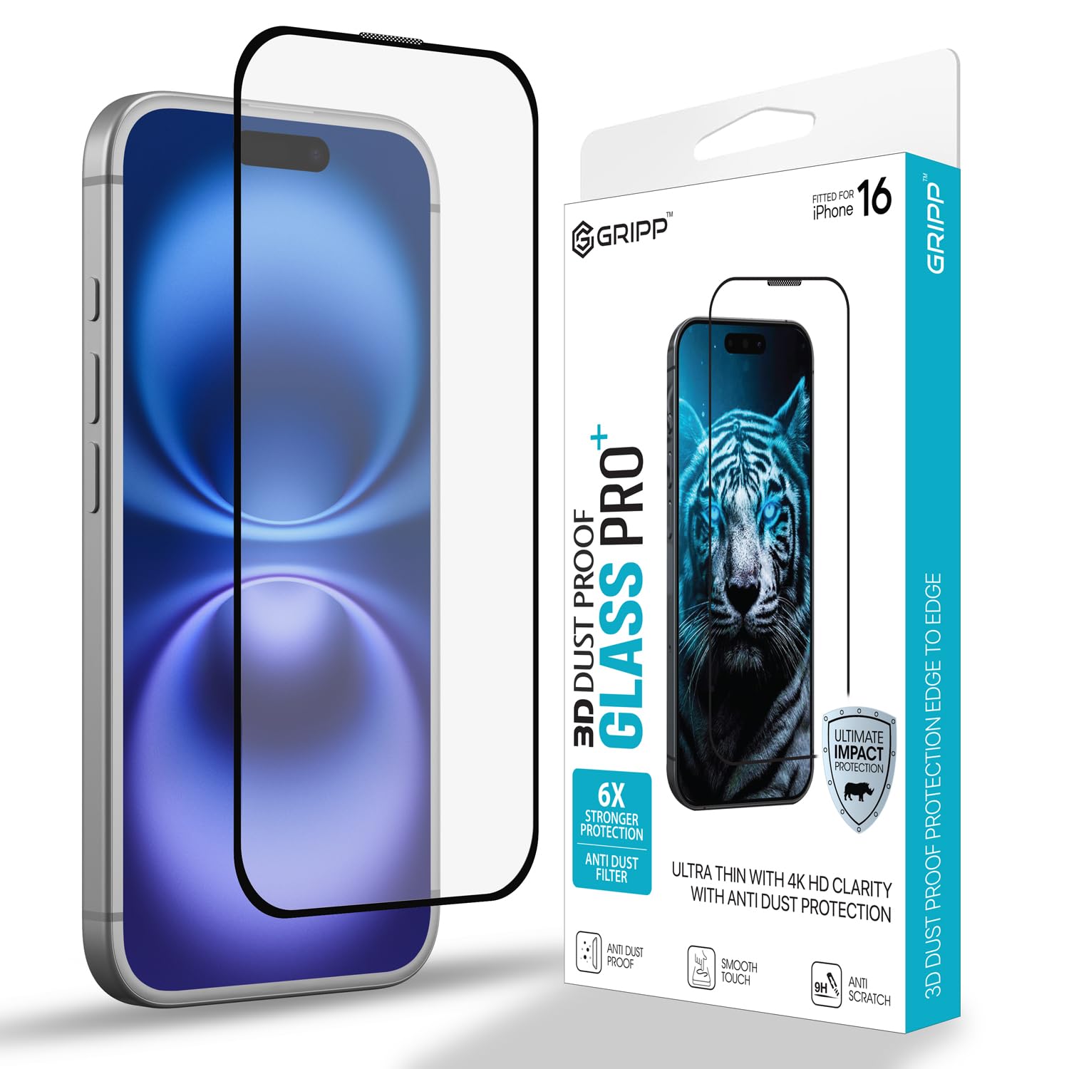 GRIPP Dust Proof 3D Tempered Glass Screen Protector for iPhone 16 Pro Max (6.9") Edge to Edge Full Coverage with Anti Dust & 9h Protection, Anti Scratch Shockproof Crystal Clear Screen Guard - Black