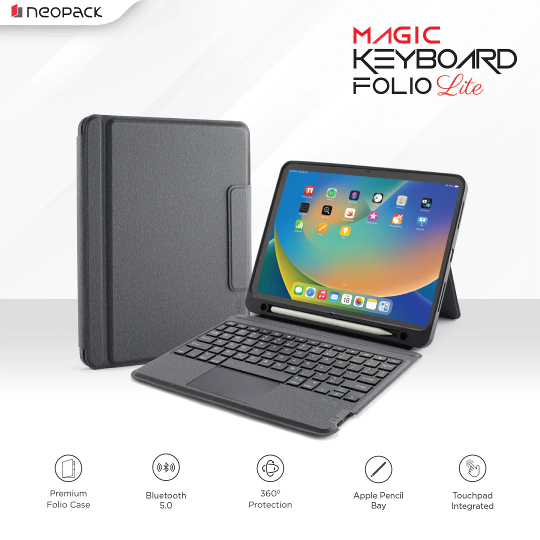 Neopack Folio Case With Bluetooth Keyboard & Pencil Holder For IPad 10.2, Fits: All Generation (Black)