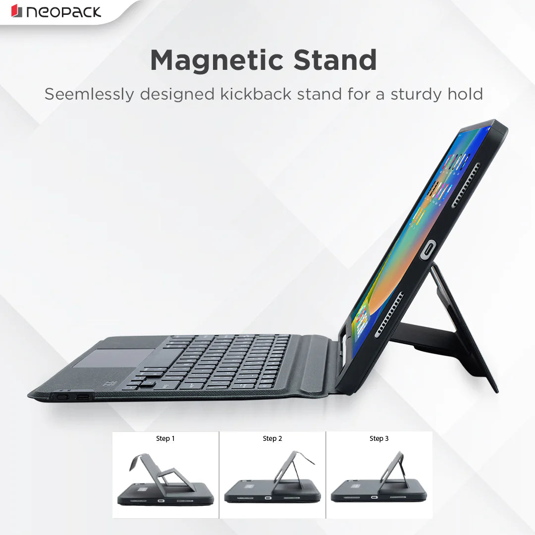 Neopack Folio Case With Bluetooth Keyboard & Pencil Holder For IPad 10.2, Fits: All Generation (Black)