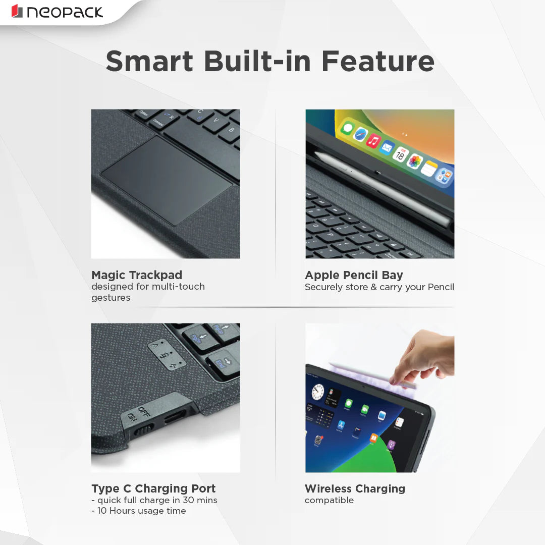 Neopack Folio Case With Bluetooth Keyboard & Pencil Holder For IPad 10.2, Fits: All Generation (Black)