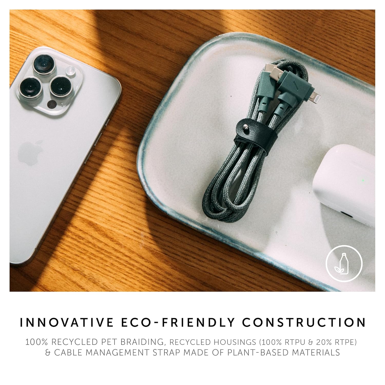 Native Union BELT CABLE DUO C TO C/L 1.5M SLATE GREEN - USB-C & Lightning Connector, 60W PD, Fast Charging, Eco-Friendly, Tangle-Free, MFi Certified