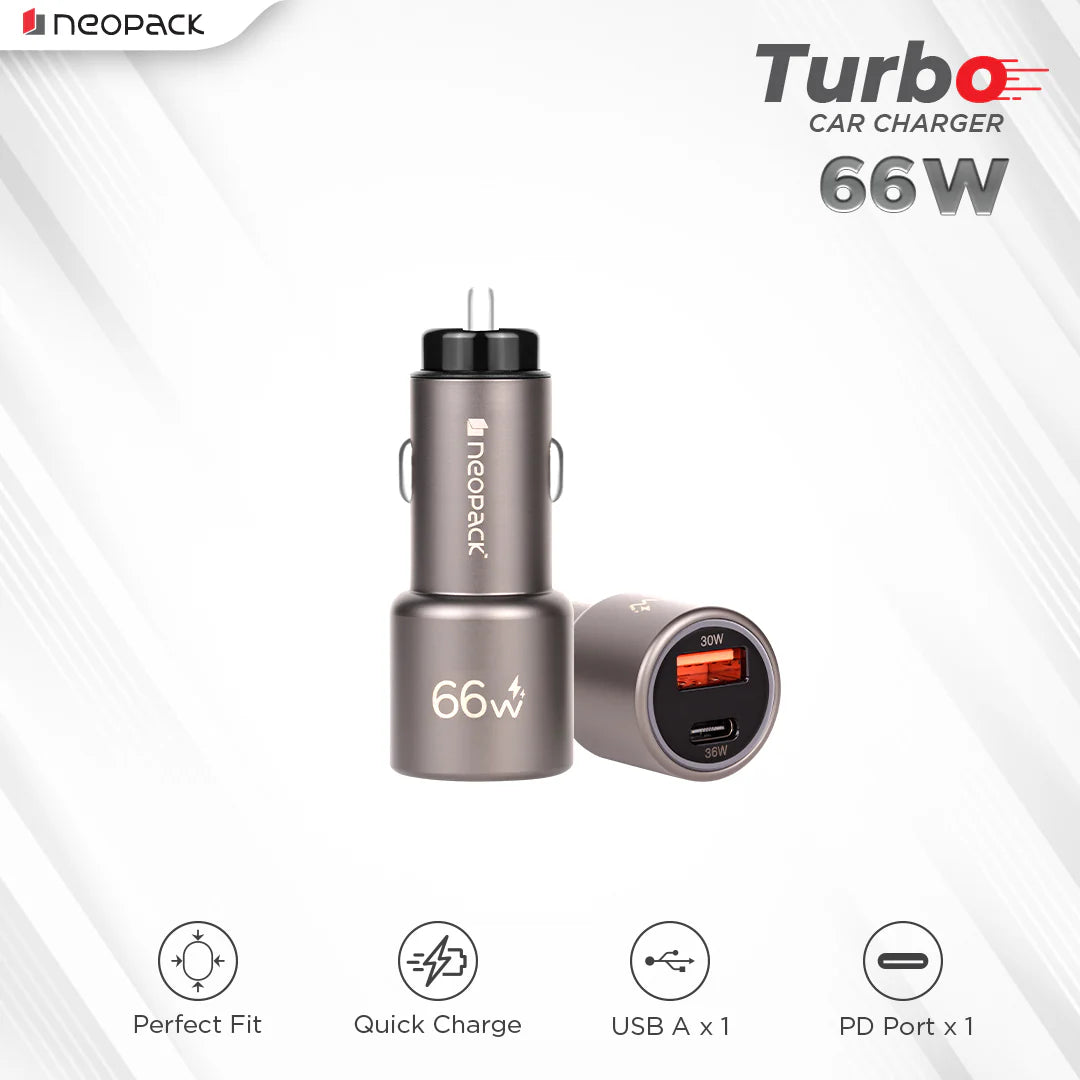 Neopack 66W Dual Port QC 3.0 Turbo Car Charger With USB-C @ 36W & USB-A @ 30W (Space Grey)