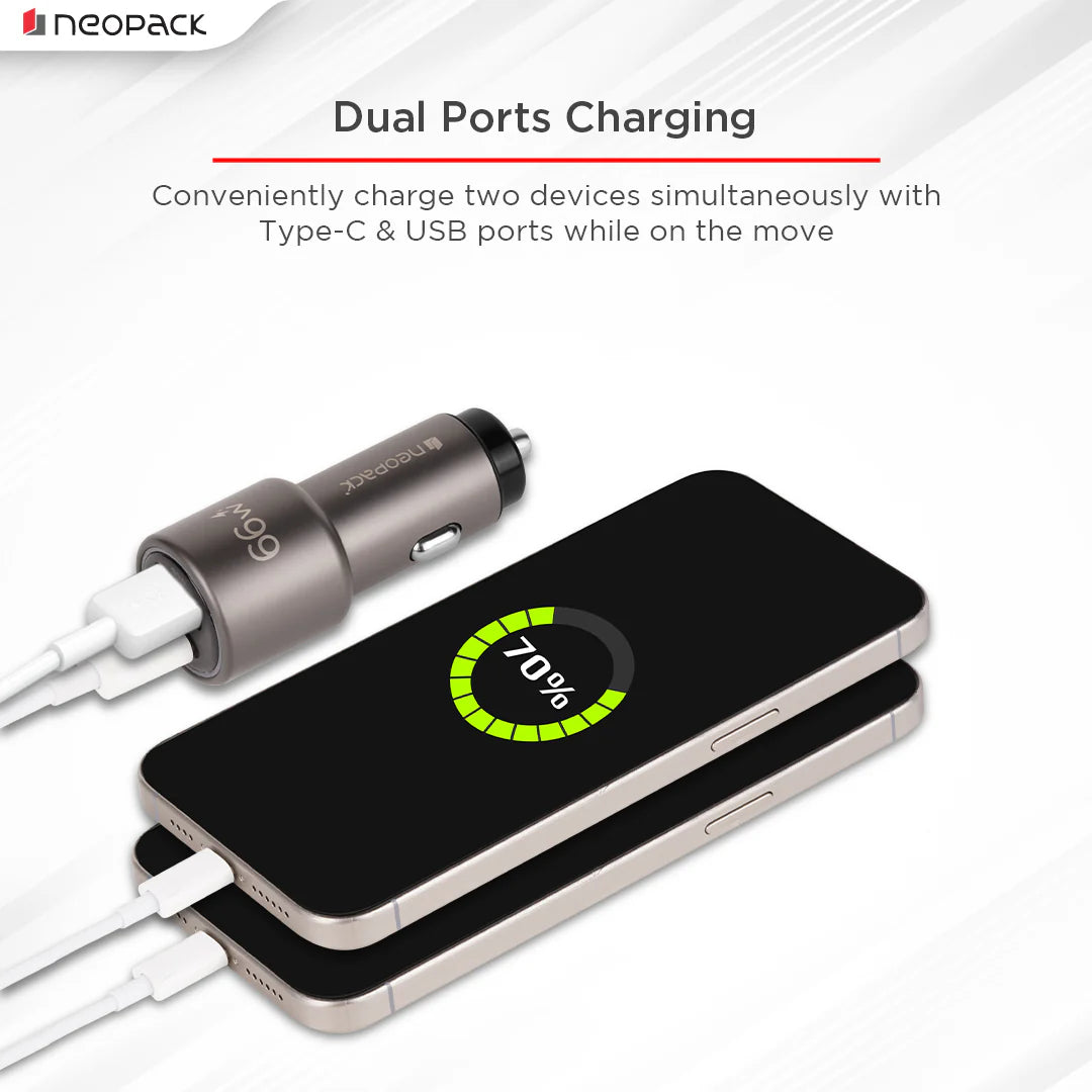 Neopack 66W Dual Port QC 3.0 Turbo Car Charger With USB-C @ 36W & USB-A @ 30W (Space Grey)