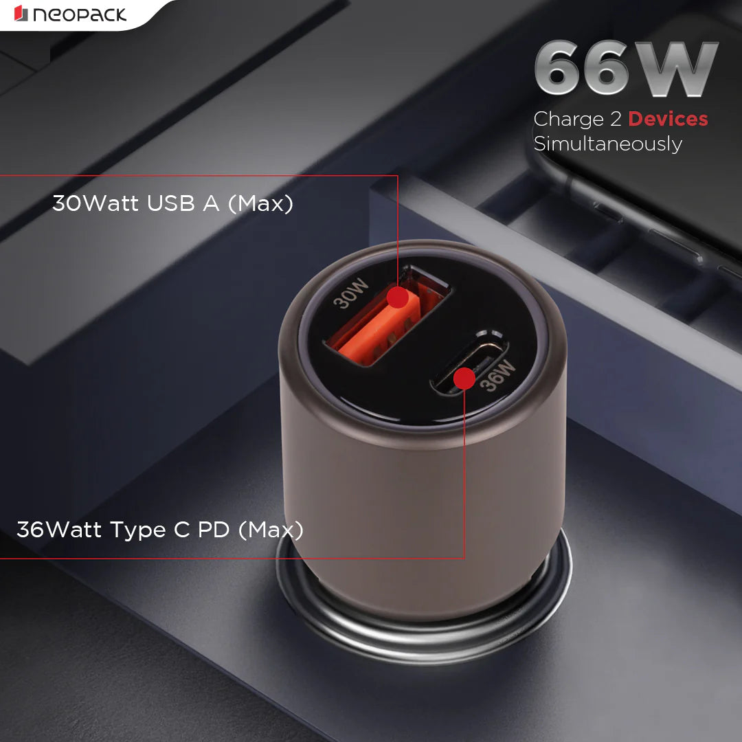 Neopack 66W Dual Port QC 3.0 Turbo Car Charger With USB-C @ 36W & USB-A @ 30W (Space Grey)