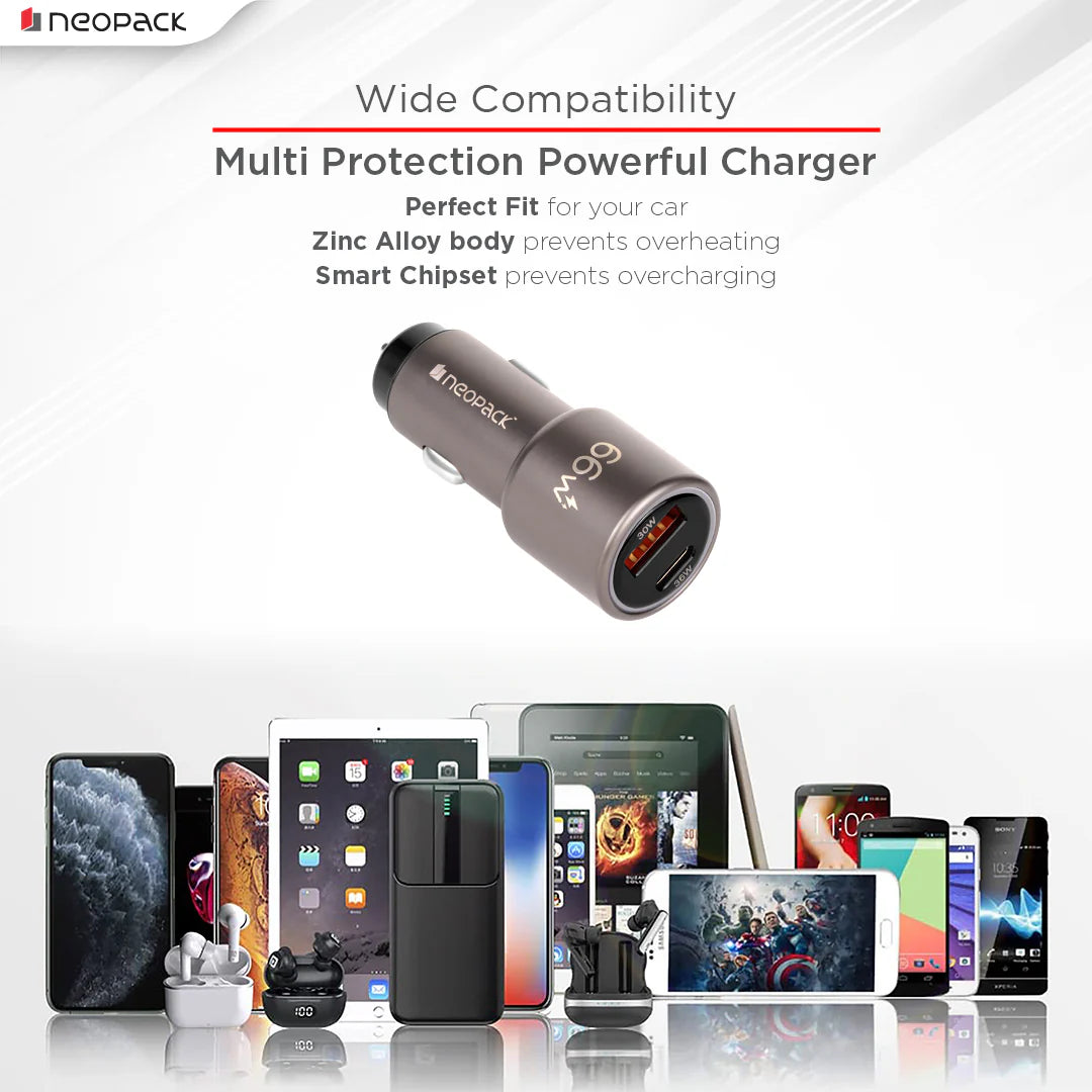 Neopack 66W Dual Port QC 3.0 Turbo Car Charger With USB-C @ 36W & USB-A @ 30W (Space Grey)