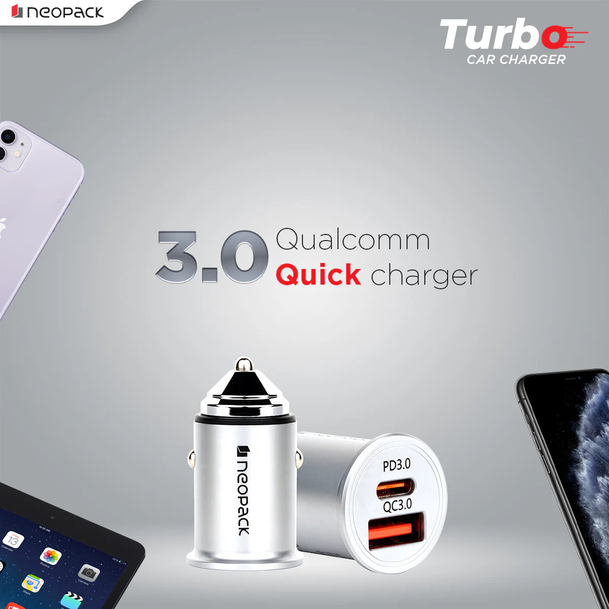 45W Dual Port QC 3.0 Turbo Car Charger With USB-C @ 30W & USB-A @ 15W (Silver)