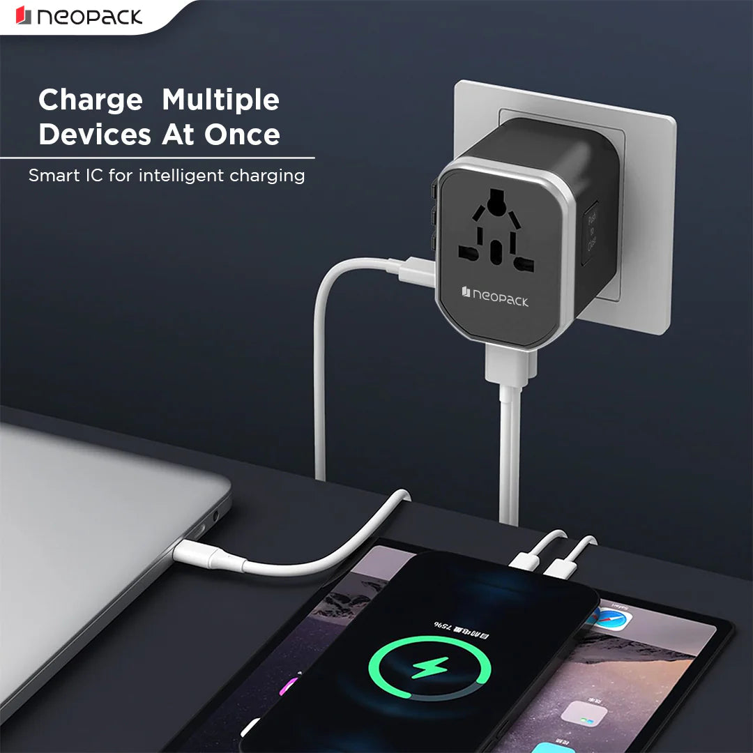 World Traveller Plus Adapter 20W With India Plug Compatible Sockets, 1 X USB-C PD + 2 X USB A Pots, All In One Worldwide For USA, EU, UK, AUS (Black)