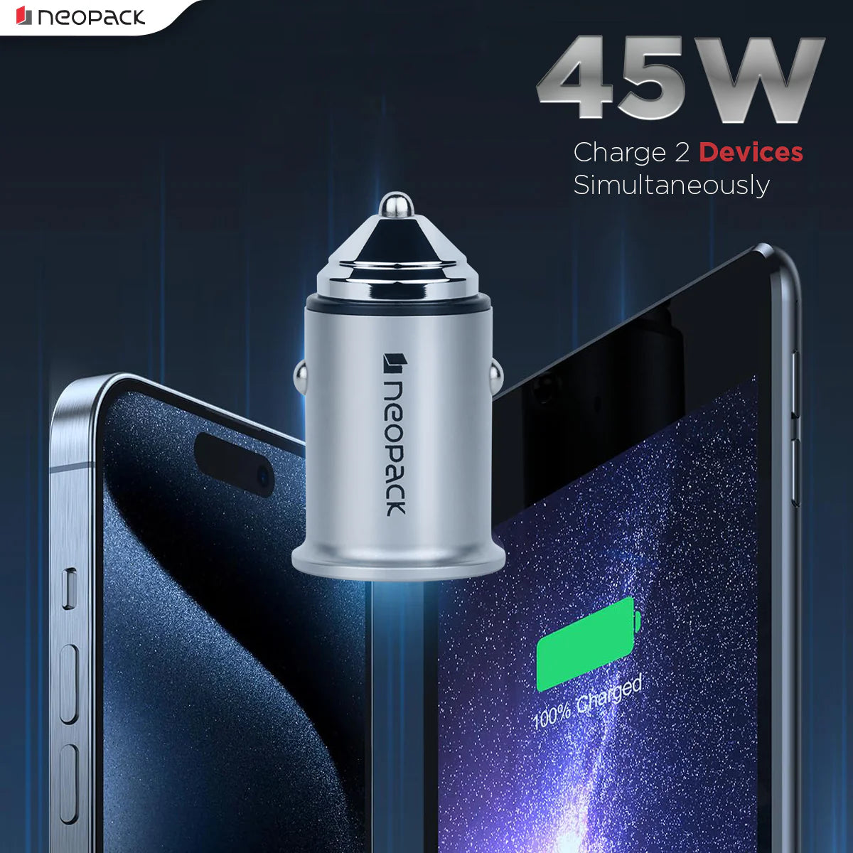 45W Dual Port QC 3.0 Turbo Car Charger With USB-C @ 30W & USB-A @ 15W (Silver)