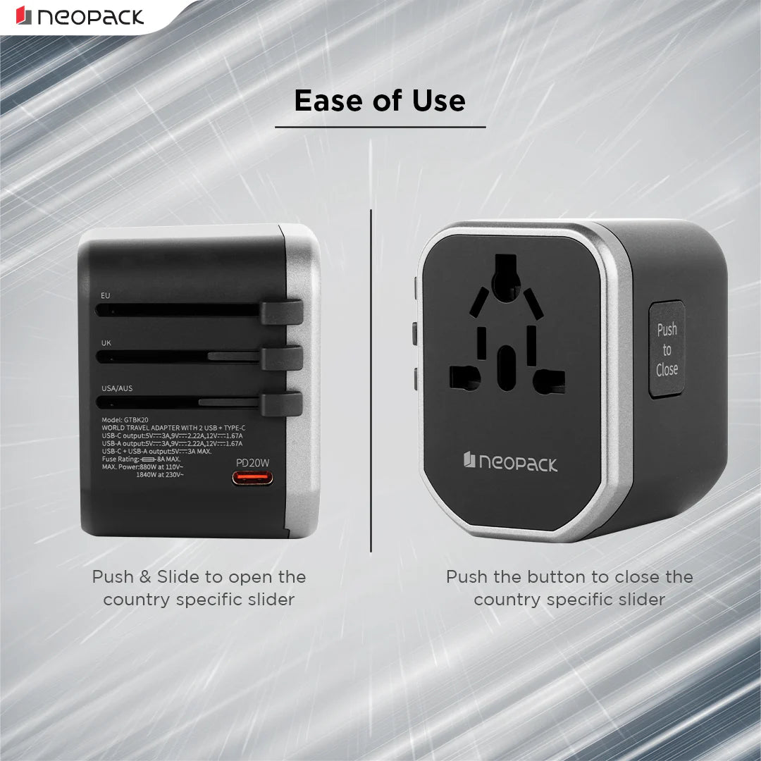 World Traveller Plus Adapter 20W With India Plug Compatible Sockets, 1 X USB-C PD + 2 X USB A Pots, All In One Worldwide For USA, EU, UK, AUS (Black)