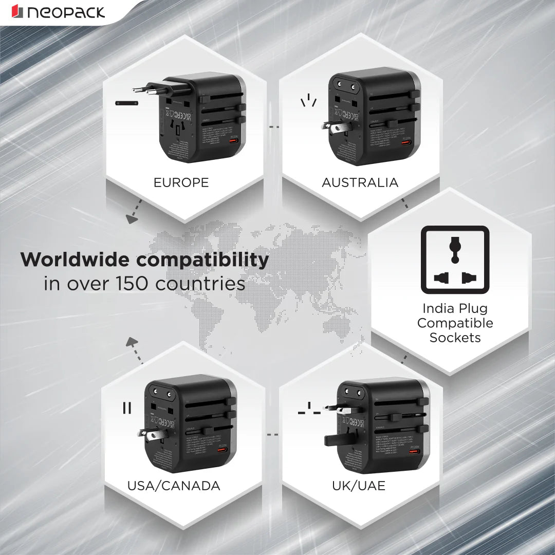 World Traveller Plus Adapter 20W With India Plug Compatible Sockets, 1 X USB-C PD + 2 X USB A Pots, All In One Worldwide For USA, EU, UK, AUS (Black)