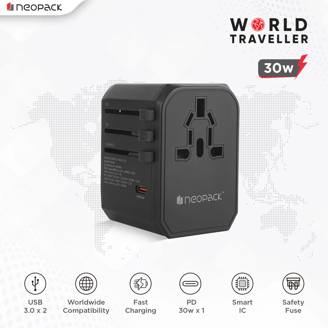 Neopack World Traveller Adapter With AC Outlet, 2 X USB 3.0, 1 X USB-C 30W PD Fast Charging, All In One Worldwide For USA, EU, UK, AUS (Black)