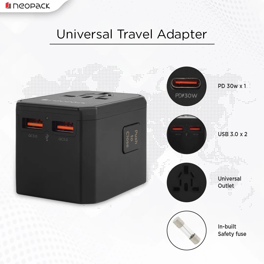 Neopack World Traveller Adapter With AC Outlet, 2 X USB 3.0, 1 X USB-C 30W PD Fast Charging, All In One Worldwide For USA, EU, UK, AUS (Black)