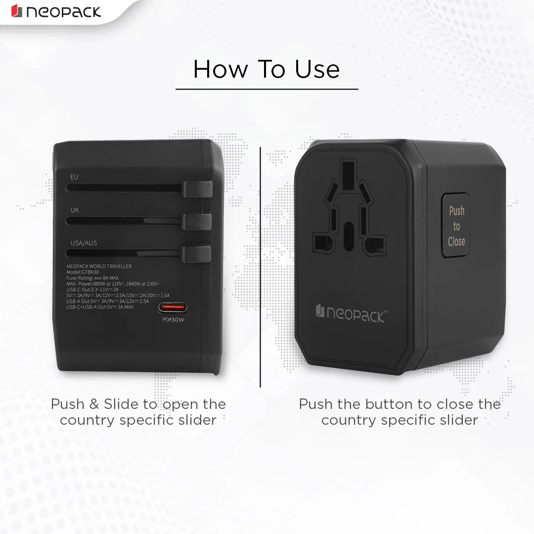 Neopack World Traveller Adapter With AC Outlet, 2 X USB 3.0, 1 X USB-C 30W PD Fast Charging, All In One Worldwide For USA, EU, UK, AUS (Black)
