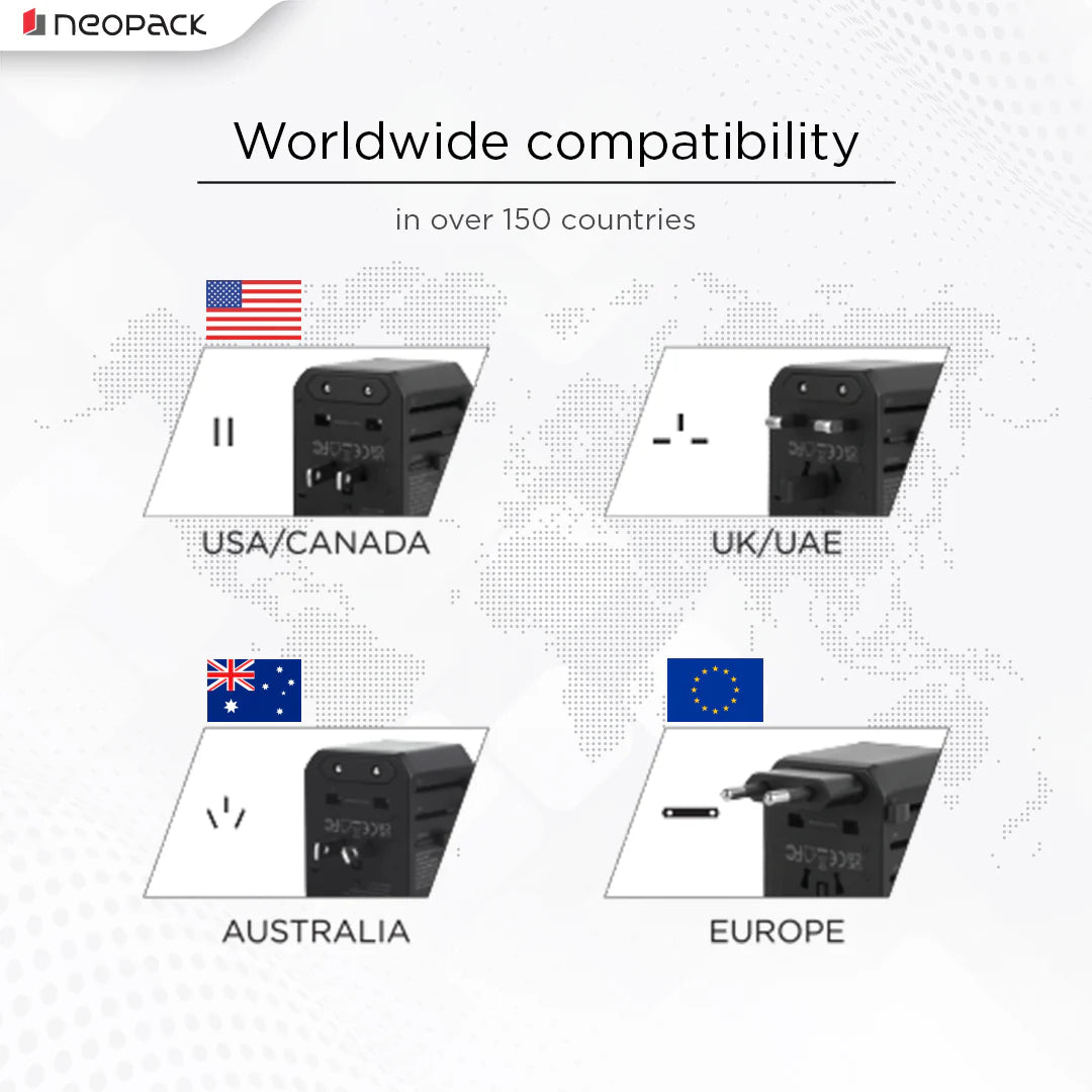 Neopack World Traveller Adapter With AC Outlet, 2 X USB 3.0, 1 X USB-C 30W PD Fast Charging, All In One Worldwide For USA, EU, UK, AUS (Black)