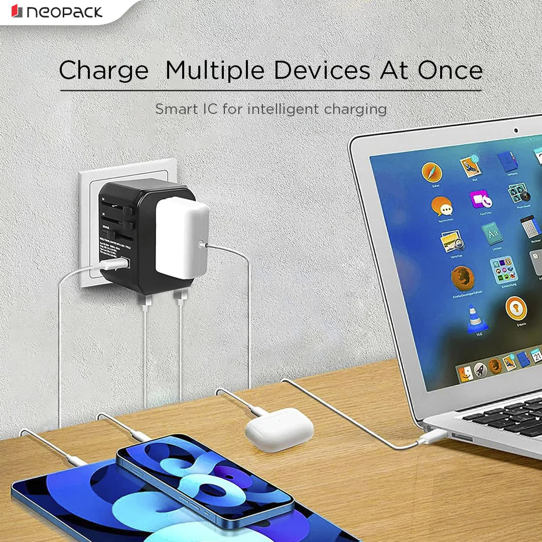 Neopack World Traveller Adapter With AC Outlet, 2 X USB 3.0, 1 X USB-C 30W PD Fast Charging, All In One Worldwide For USA, EU, UK, AUS (Black)