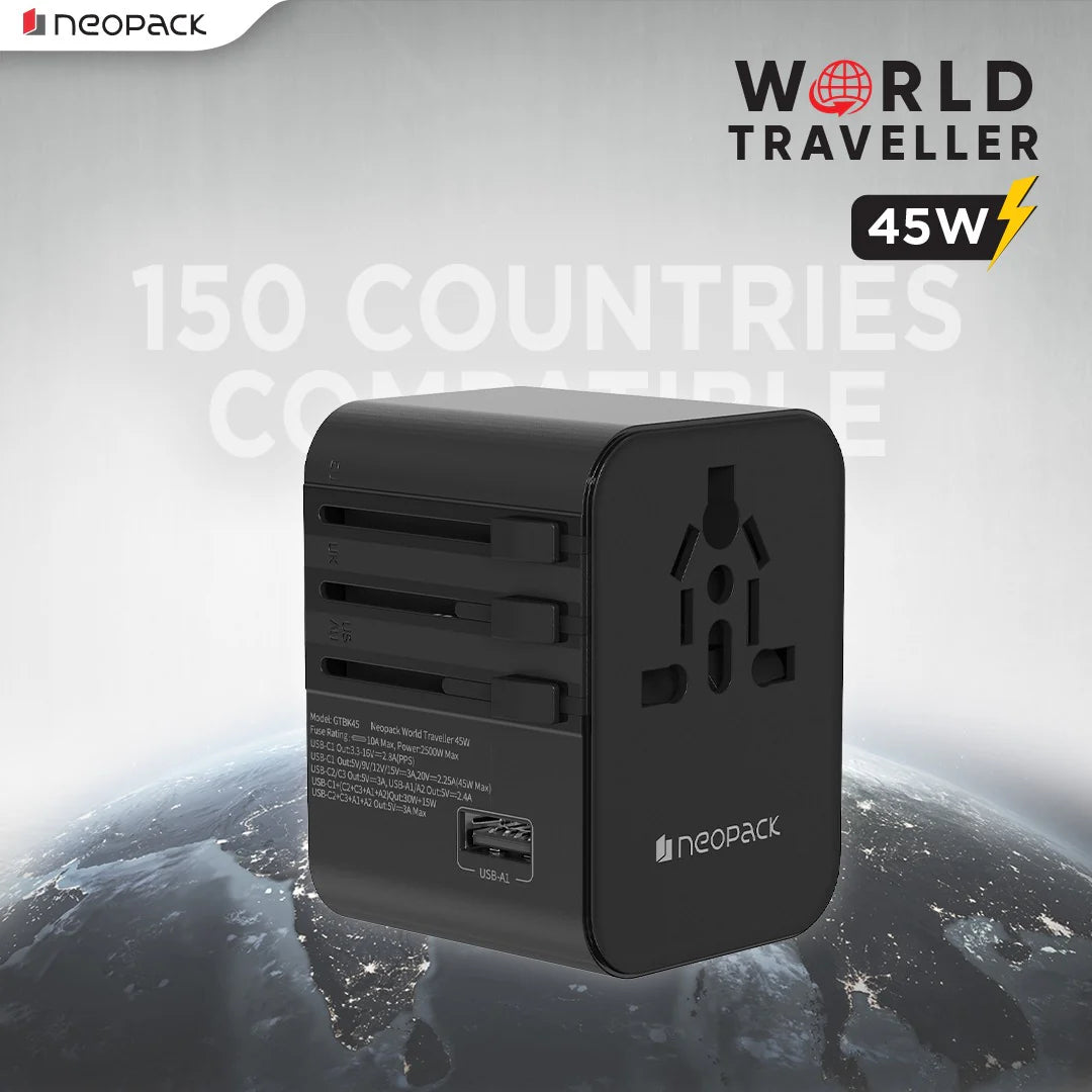 Neopack World Traveller Plus Adapter 45W With India Plug Compatible Sockets, 3 X USB-C PD + 1 X USB A Port, All In One Worldwide For USA, EU, UK, AUS (Black)