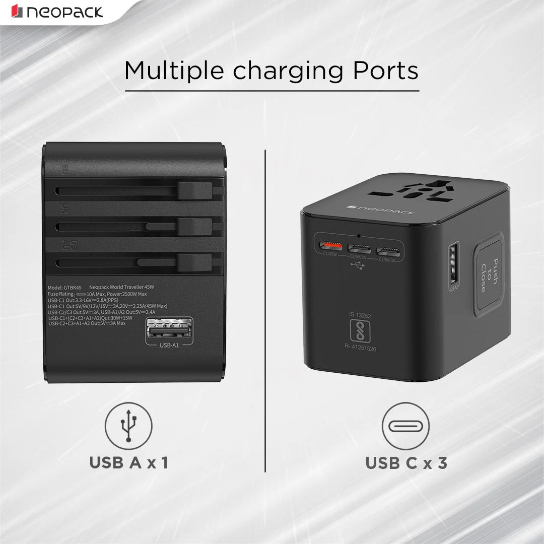 Neopack World Traveller Plus Adapter 45W With India Plug Compatible Sockets, 3 X USB-C PD + 1 X USB A Port, All In One Worldwide For USA, EU, UK, AUS (Black)