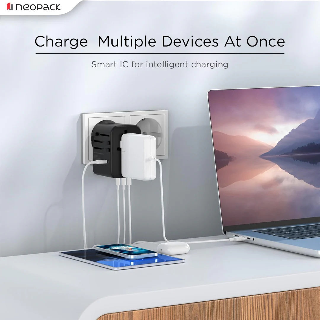 Neopack World Traveller Plus Adapter 45W With India Plug Compatible Sockets, 3 X USB-C PD + 1 X USB A Port, All In One Worldwide For USA, EU, UK, AUS (Black)