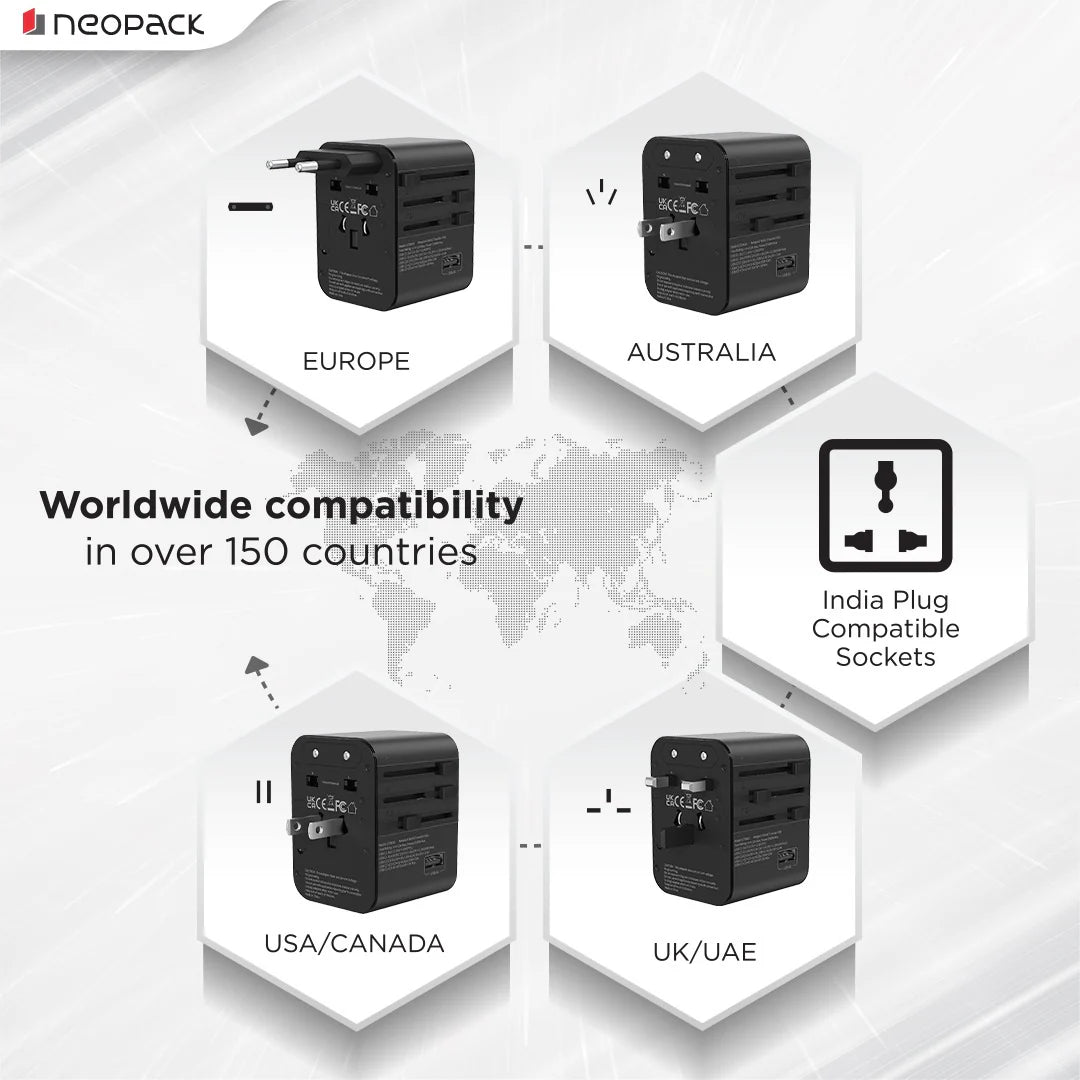 Neopack World Traveller Plus Adapter 45W With India Plug Compatible Sockets, 3 X USB-C PD + 1 X USB A Port, All In One Worldwide For USA, EU, UK, AUS (Black)