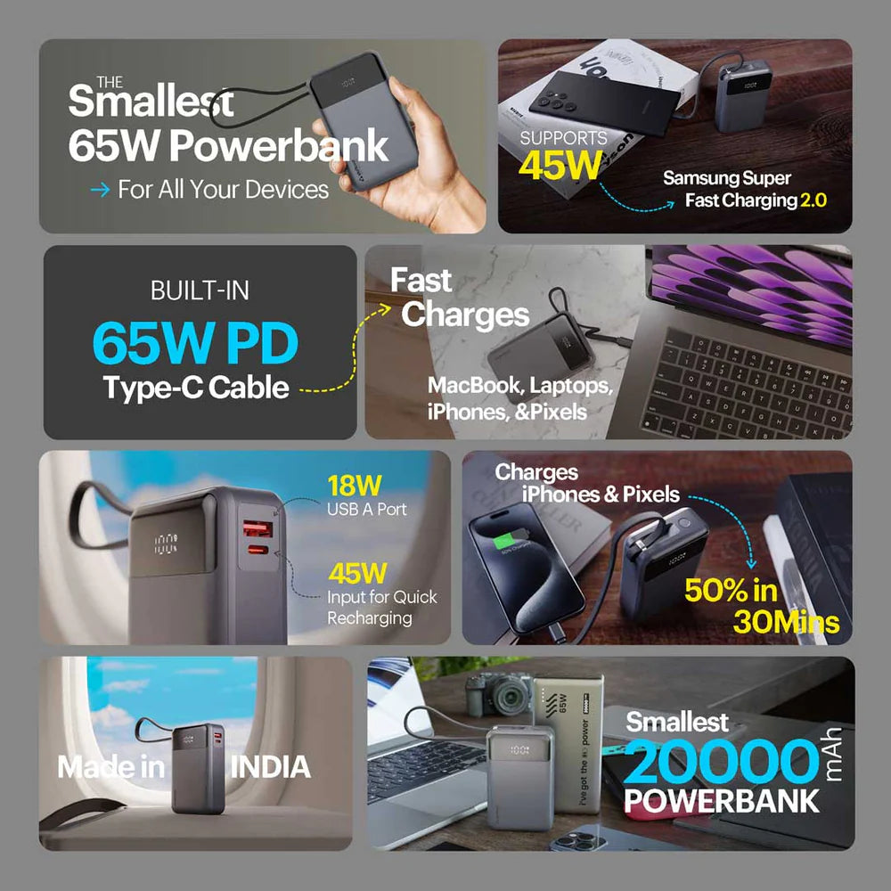 Stuffcool Giga smallest 65W 20000 Mah Powerbank With Built-in Type C Cable